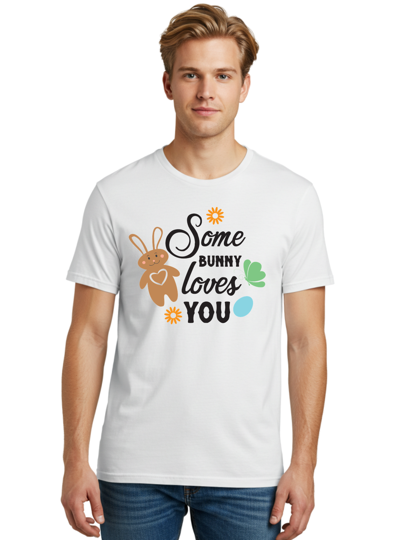 Some-Bunny-Loves-You Men'S Graphic Tee, 100% Cotton, Comfortable Casual Summer Wear, Machine Washable, Easter Bunny, Love Message, Cute Cartoons, Hearts, Spring Theme, Easter Eggs, Festive Designs, Adorable Bunnies, Spring Decorations Aad186