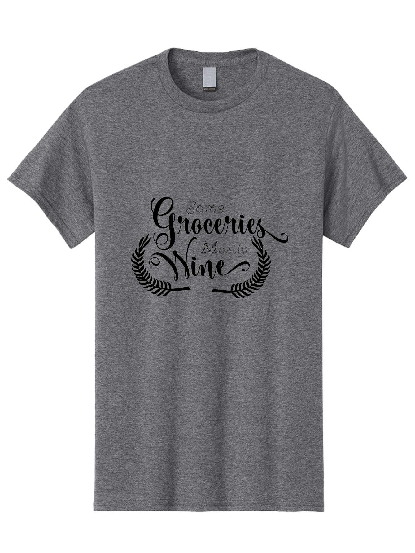 Some-Groceries-Mostly-Wine Men'S Graphic Tee, 100% Cotton, Comfortable Casual Summer Wear, Machine Washable, Grocery Shopping, Wine Lovers, Humorous Quote, Elegant Typography, Leafy Wreath, Shopping Humor, Funny Sayings Aad187