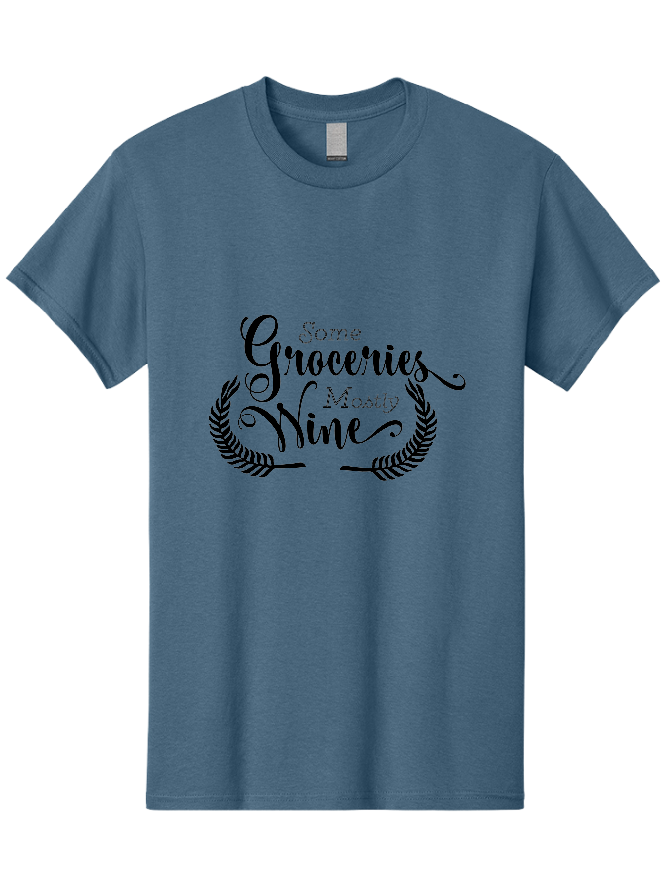 Some-Groceries-Mostly-Wine Men'S Graphic Tee, 100% Cotton, Comfortable Casual Summer Wear, Machine Washable, Grocery Shopping, Wine Lovers, Humorous Quote, Elegant Typography, Leafy Wreath, Shopping Humor, Funny Sayings Aad187