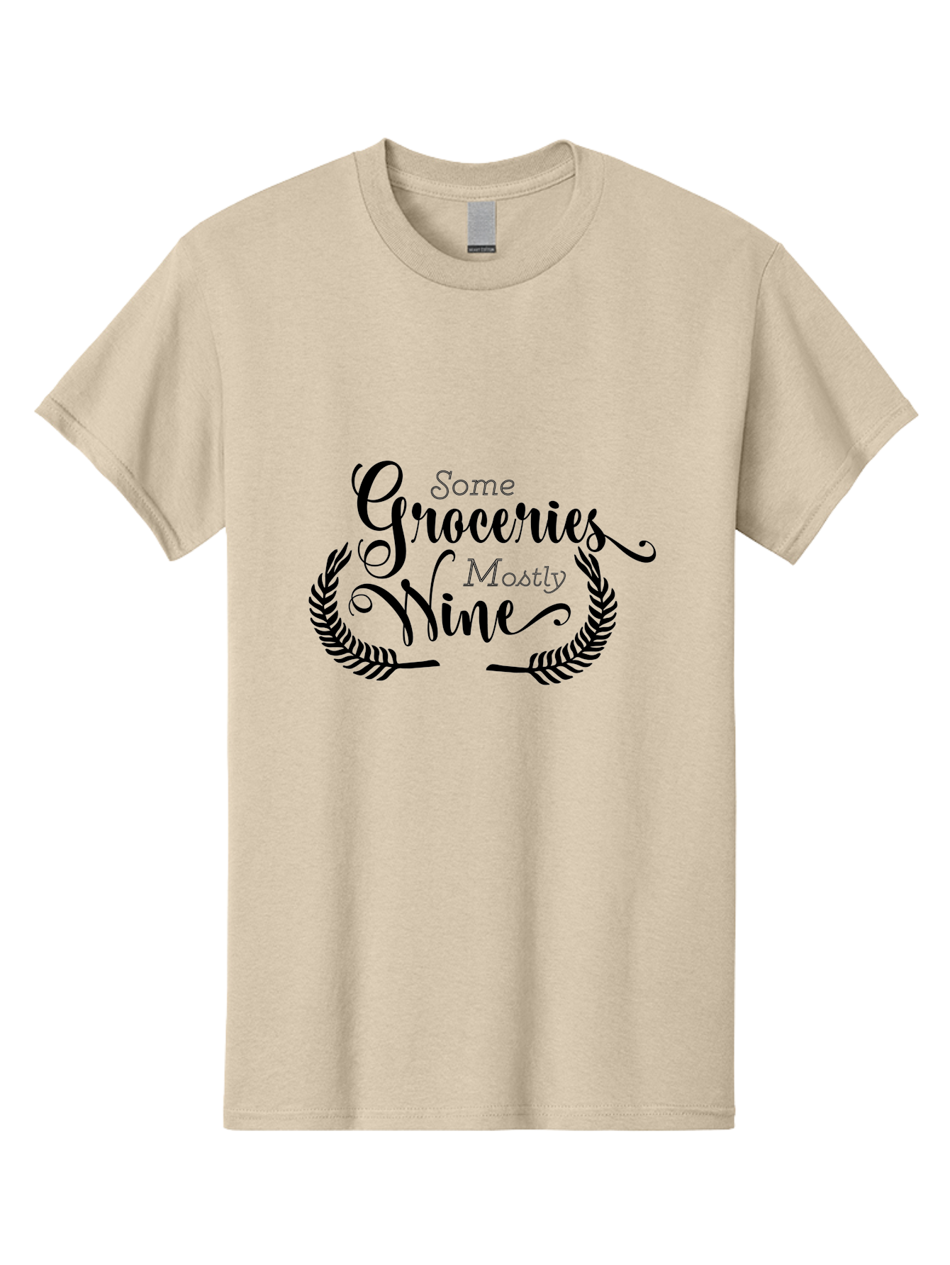 Some-Groceries-Mostly-Wine Men'S Graphic Tee, 100% Cotton, Comfortable Casual Summer Wear, Machine Washable, Grocery Shopping, Wine Lovers, Humorous Quote, Elegant Typography, Leafy Wreath, Shopping Humor, Funny Sayings Aad187