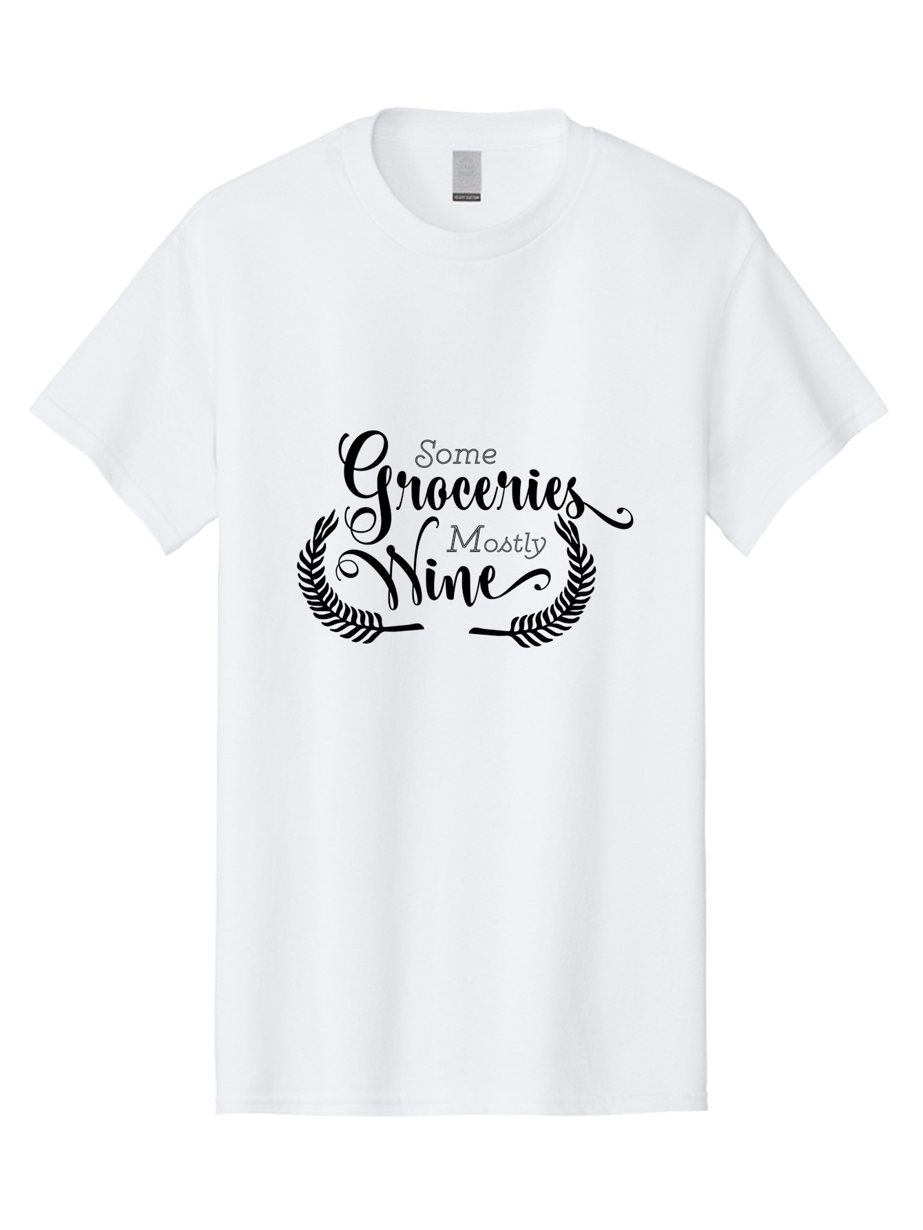 Some-Groceries-Mostly-Wine Men'S Graphic Tee, 100% Cotton, Comfortable Casual Summer Wear, Machine Washable, Grocery Shopping, Wine Lovers, Humorous Quote, Elegant Typography, Leafy Wreath, Shopping Humor, Funny Sayings Aad187
