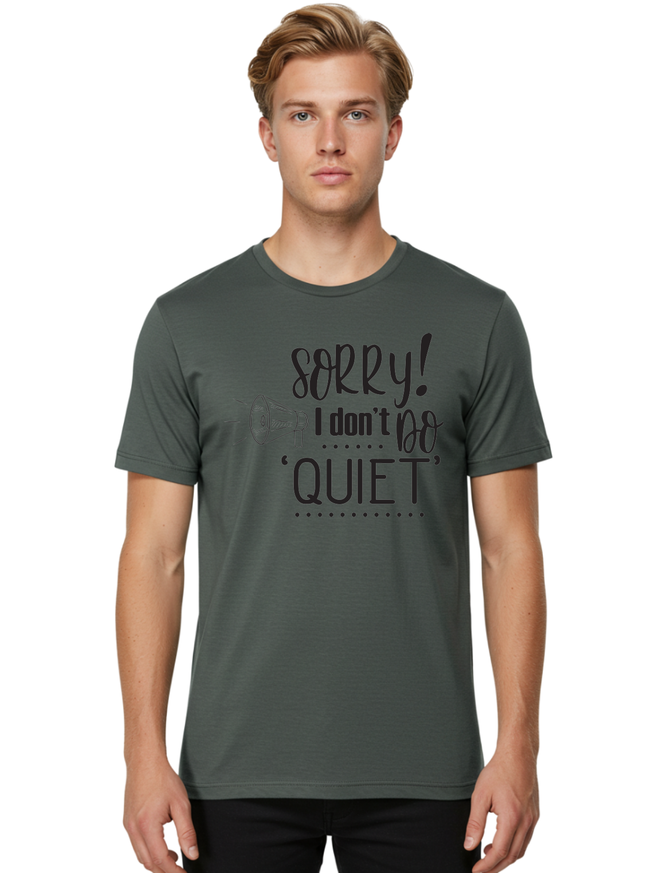 Sorry-I-Don-T-Do-Quiet Men'S Graphic Tee, 100% Cotton, Comfortable Casual Summer Wear, Machine Washable, Humorous Quote, Funny Saying, Loud Personality, Megaphone Illustration, Playful Typography, Quirky Humor, Bold Statement, Loud And Proud Aad190