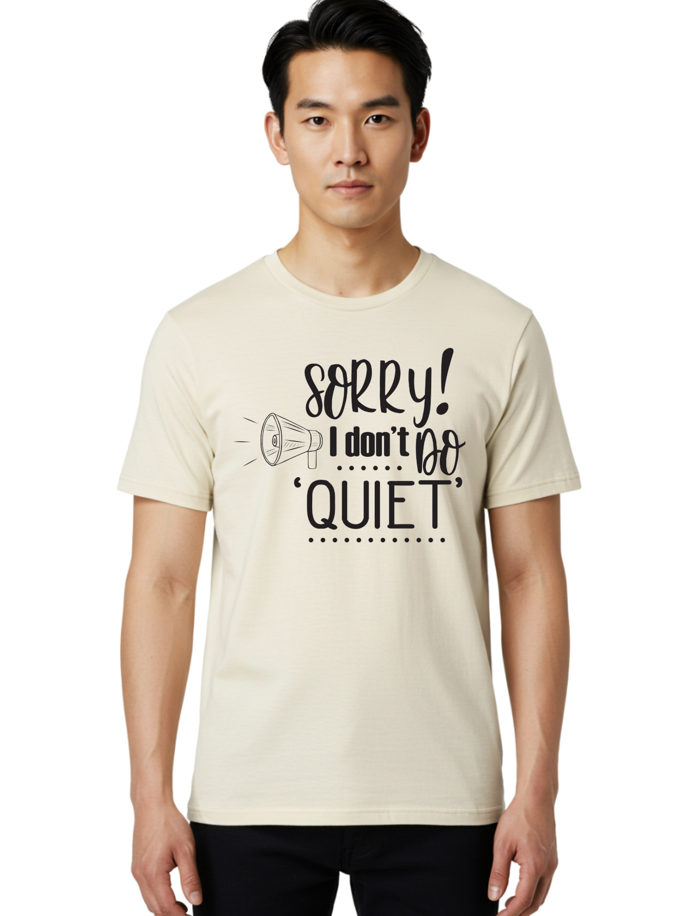 Sorry-I-Don-T-Do-Quiet Men'S Graphic Tee, 100% Cotton, Comfortable Casual Summer Wear, Machine Washable, Humorous Quote, Funny Saying, Loud Personality, Megaphone Illustration, Playful Typography, Quirky Humor, Bold Statement, Loud And Proud Aad190