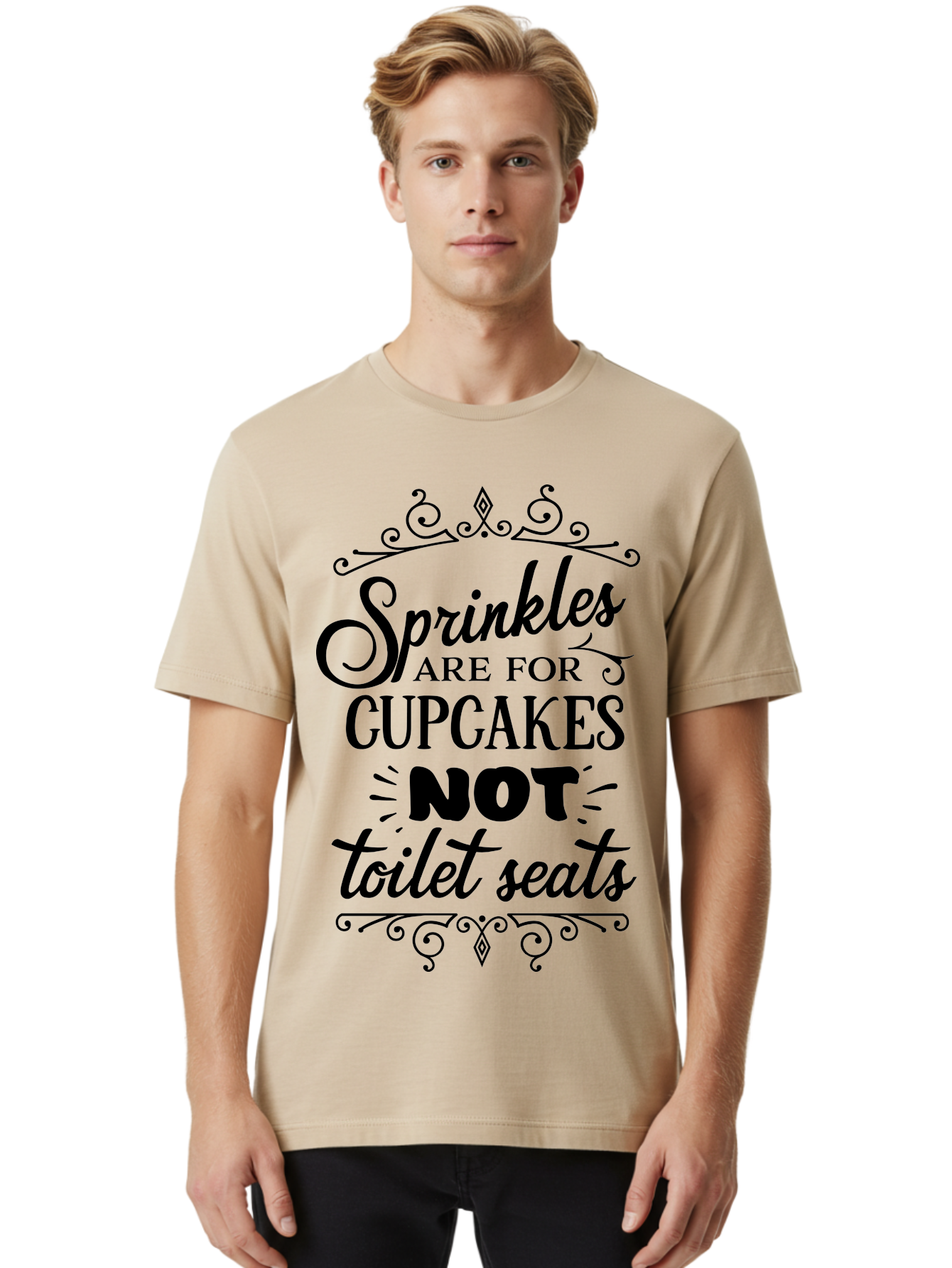 Sprinkles-Are-For-Cupcakes-Not-Toilet-Seats Men'S Graphic Tee, 100% Cotton, Comfortable Casual Summer Wear, Machine Washable, Funny Quote, Quirky Humor, Bathroom Decor, Cupcake Love, Sprinkle Theme, Toilet Humor, Cute Sign, Baking Humor, Aad193