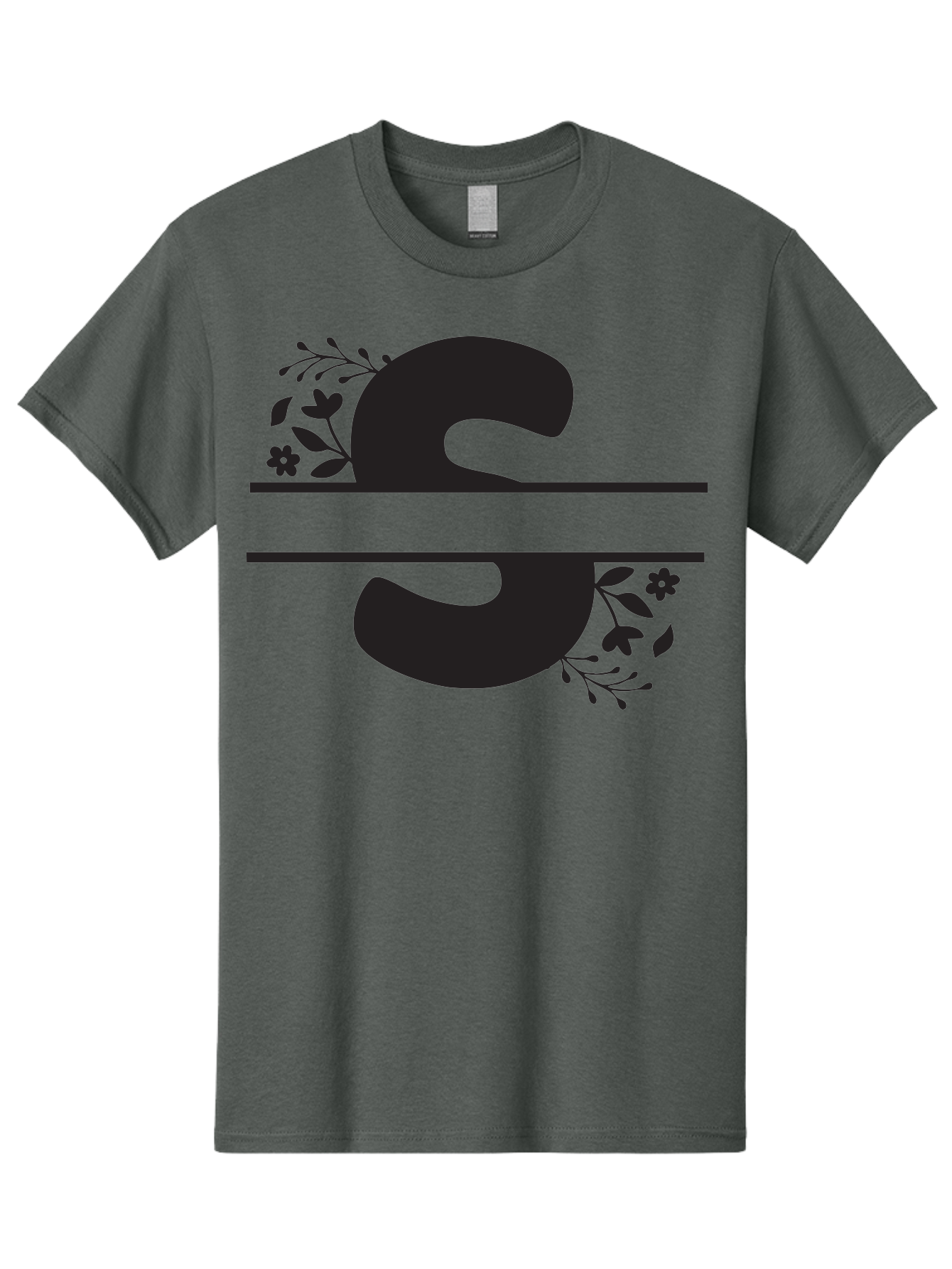 Ss-Floral-Design Men'S Graphic Tee, 100% Cotton, Comfortable Casual Summer Wear, Machine Washable, Floral Design, Double S, Black Letters, Leafy Vines, Flowers, Elegant Typography, Decorative Elements, S Lettering Aad194