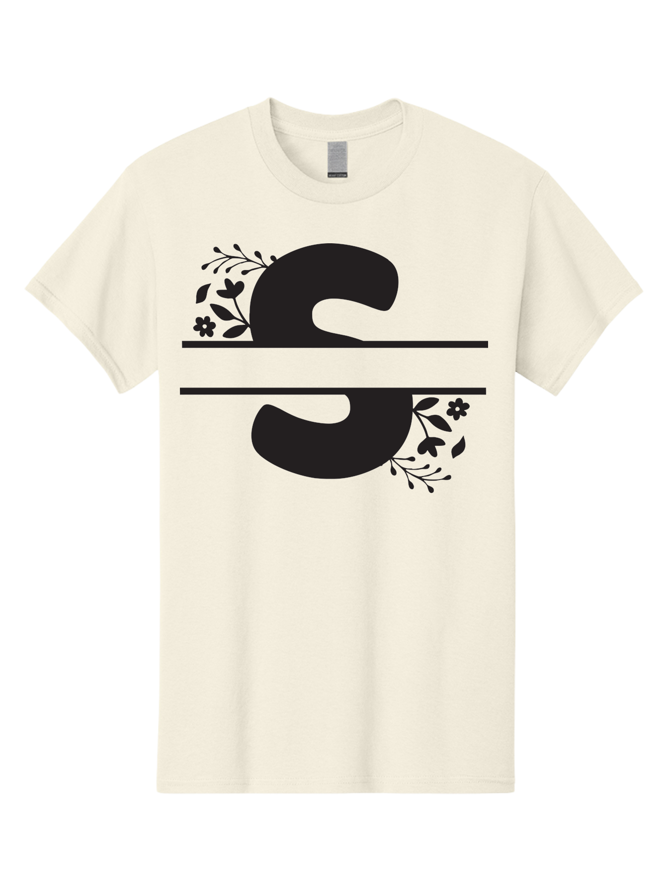 Ss-Floral-Design Men'S Graphic Tee, 100% Cotton, Comfortable Casual Summer Wear, Machine Washable, Floral Design, Double S, Black Letters, Leafy Vines, Flowers, Elegant Typography, Decorative Elements, S Lettering Aad194