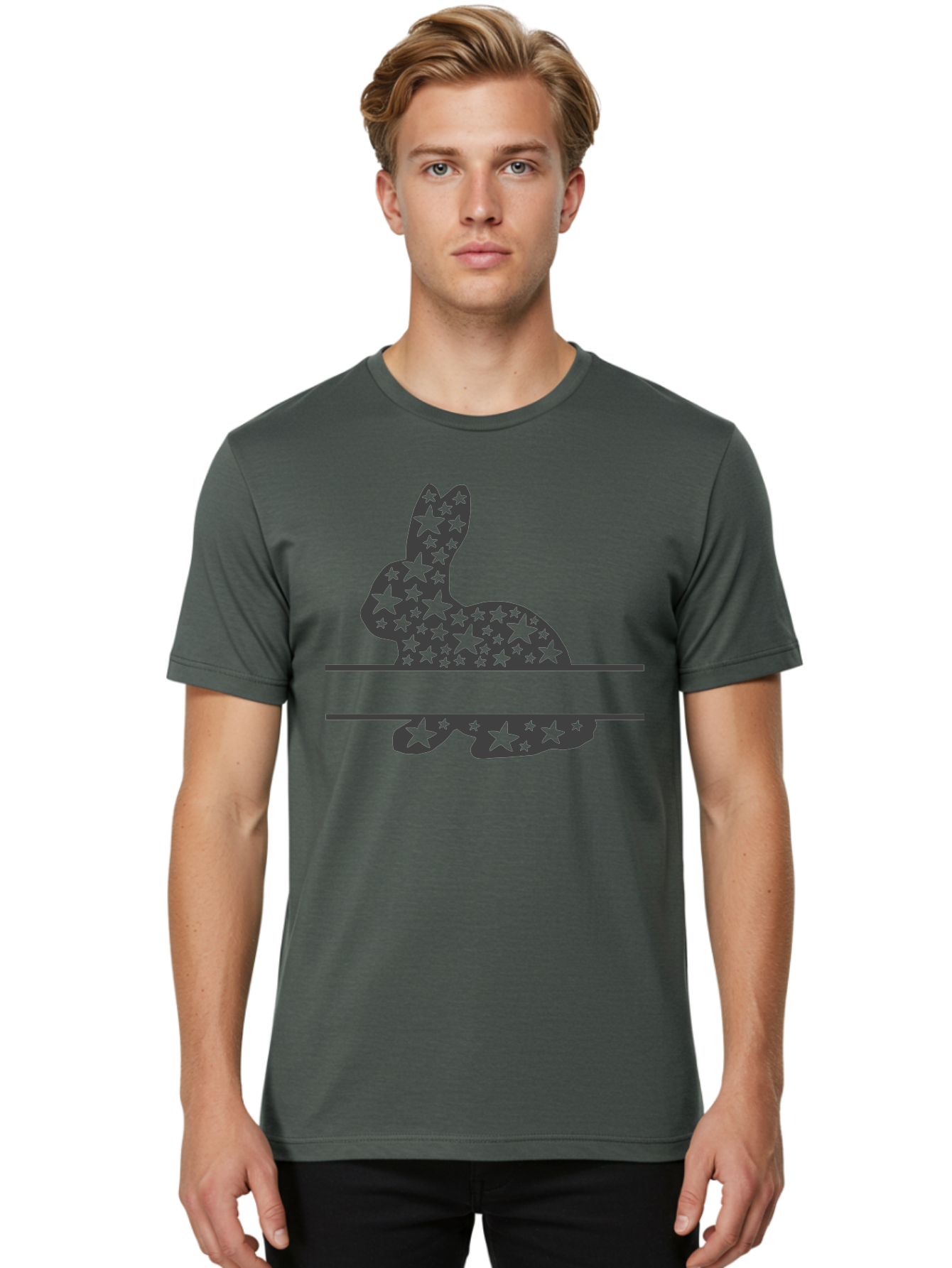 Star-Bunny Men'S Graphic Tee, 100% Cotton, Comfortable Casual Summer Wear, Machine Washable, Rabbit Silhouette, Decorative Stars, Minimalist Design, Modern Art, Artistic Expression, Star Pattern, Cute Rabbit Aad195