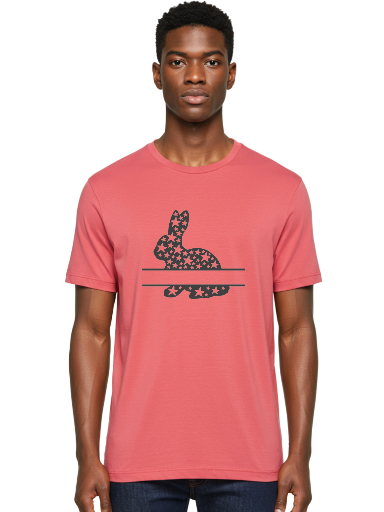 Star-Bunny Men'S Graphic Tee, 100% Cotton, Comfortable Casual Summer Wear, Machine Washable, Rabbit Silhouette, Decorative Stars, Minimalist Design, Modern Art, Artistic Expression, Star Pattern, Cute Rabbit Aad195