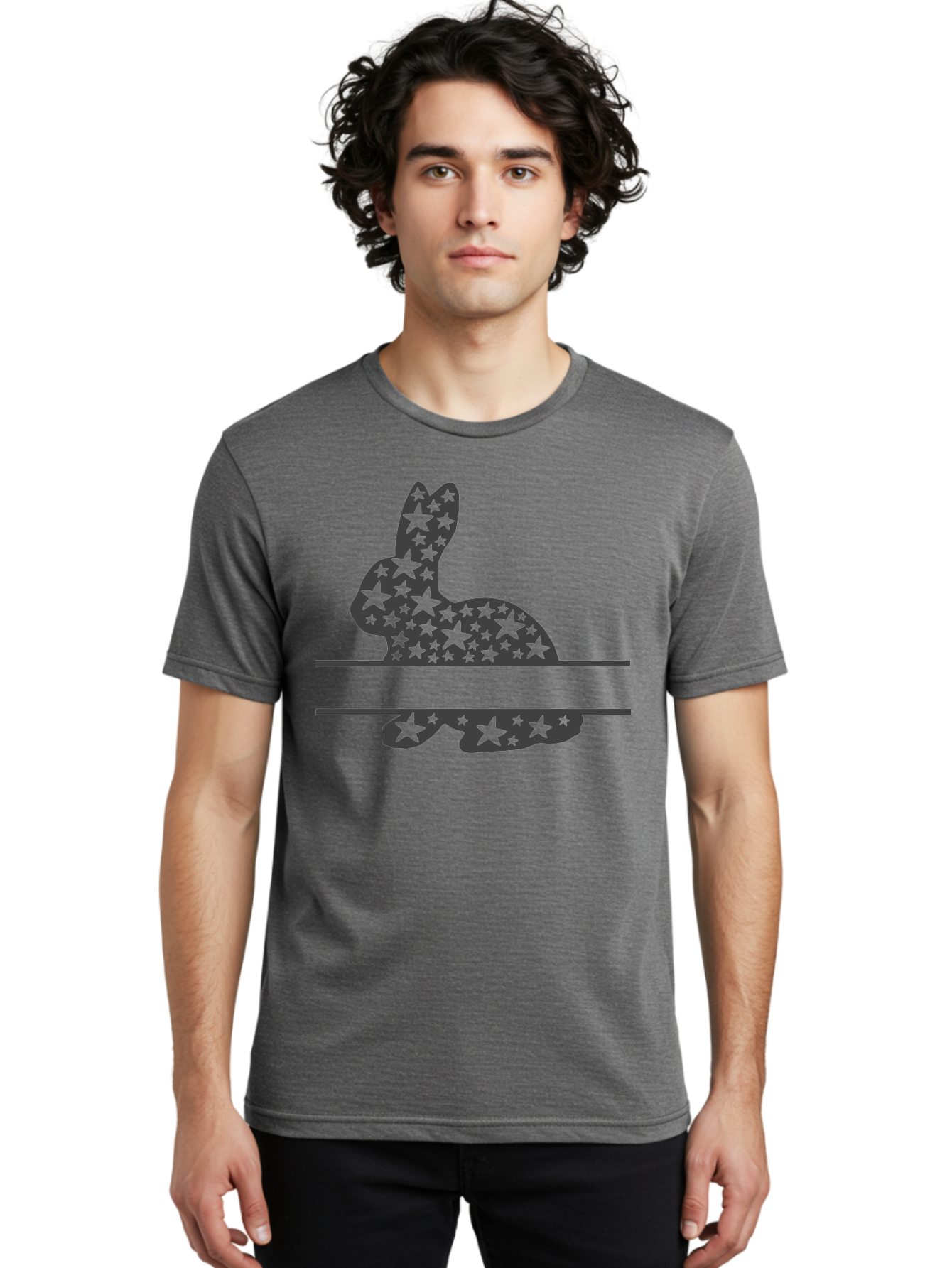 Star-Bunny Men'S Graphic Tee, 100% Cotton, Comfortable Casual Summer Wear, Machine Washable, Rabbit Silhouette, Decorative Stars, Minimalist Design, Modern Art, Artistic Expression, Star Pattern, Cute Rabbit Aad195
