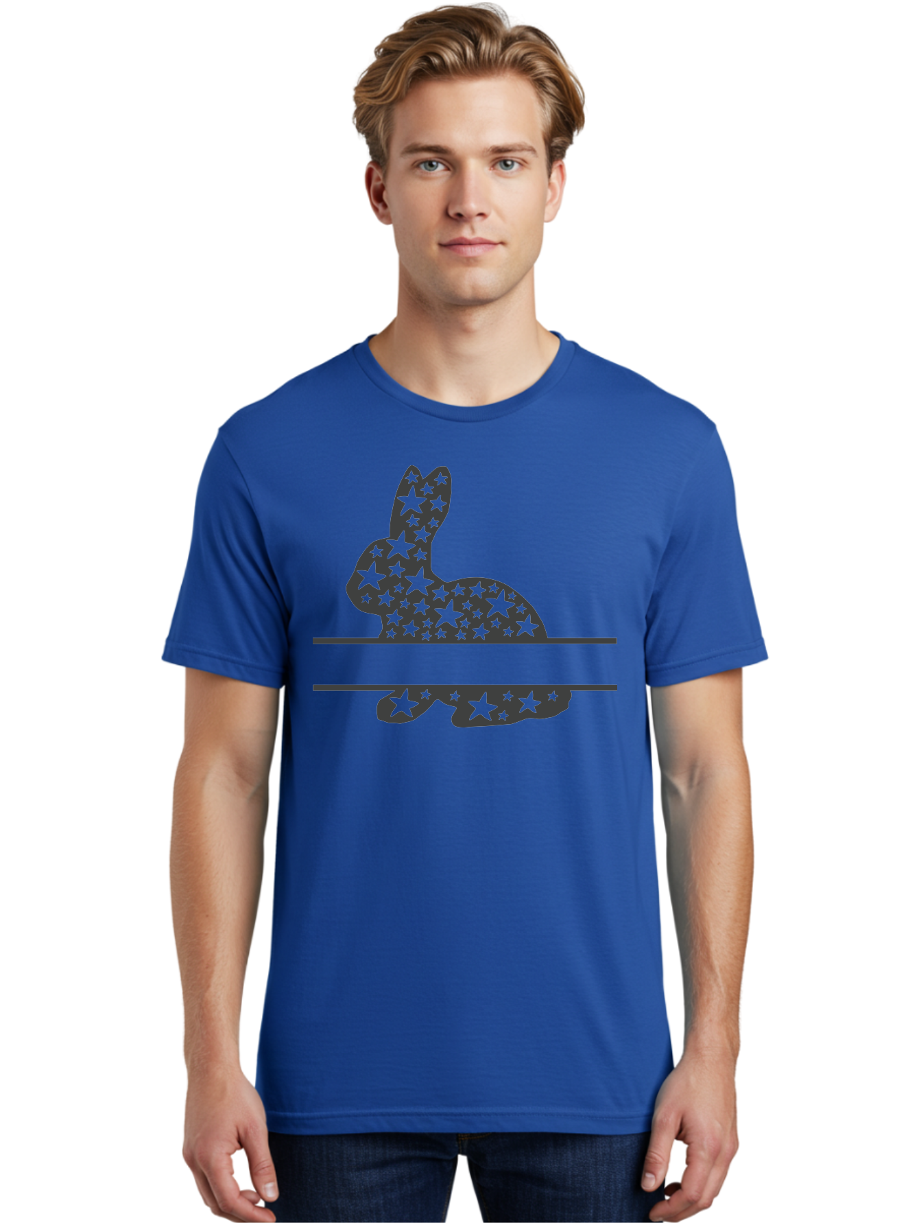 Star-Bunny Men'S Graphic Tee, 100% Cotton, Comfortable Casual Summer Wear, Machine Washable, Rabbit Silhouette, Decorative Stars, Minimalist Design, Modern Art, Artistic Expression, Star Pattern, Cute Rabbit Aad195