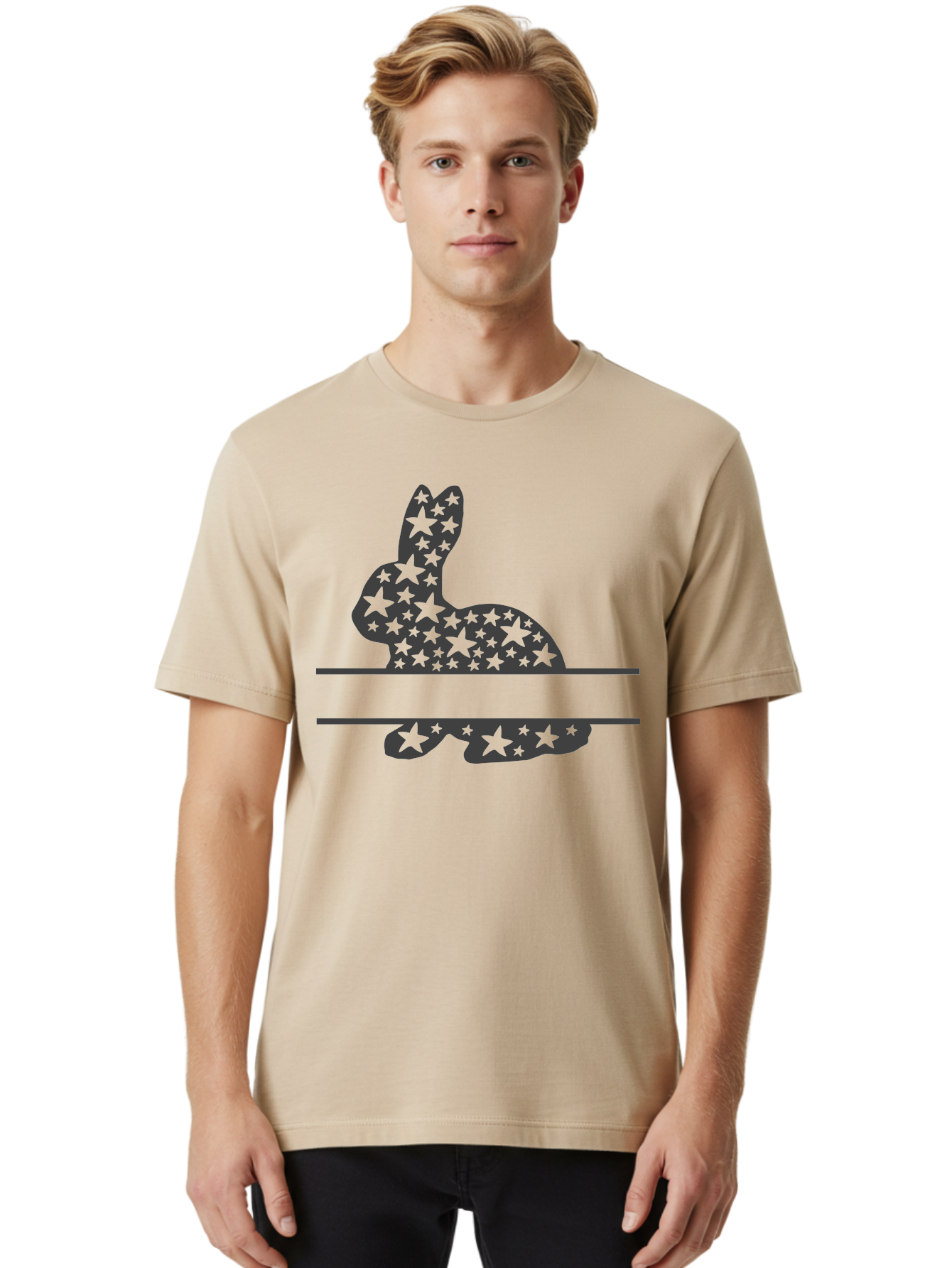 Star-Bunny Men'S Graphic Tee, 100% Cotton, Comfortable Casual Summer Wear, Machine Washable, Rabbit Silhouette, Decorative Stars, Minimalist Design, Modern Art, Artistic Expression, Star Pattern, Cute Rabbit Aad195