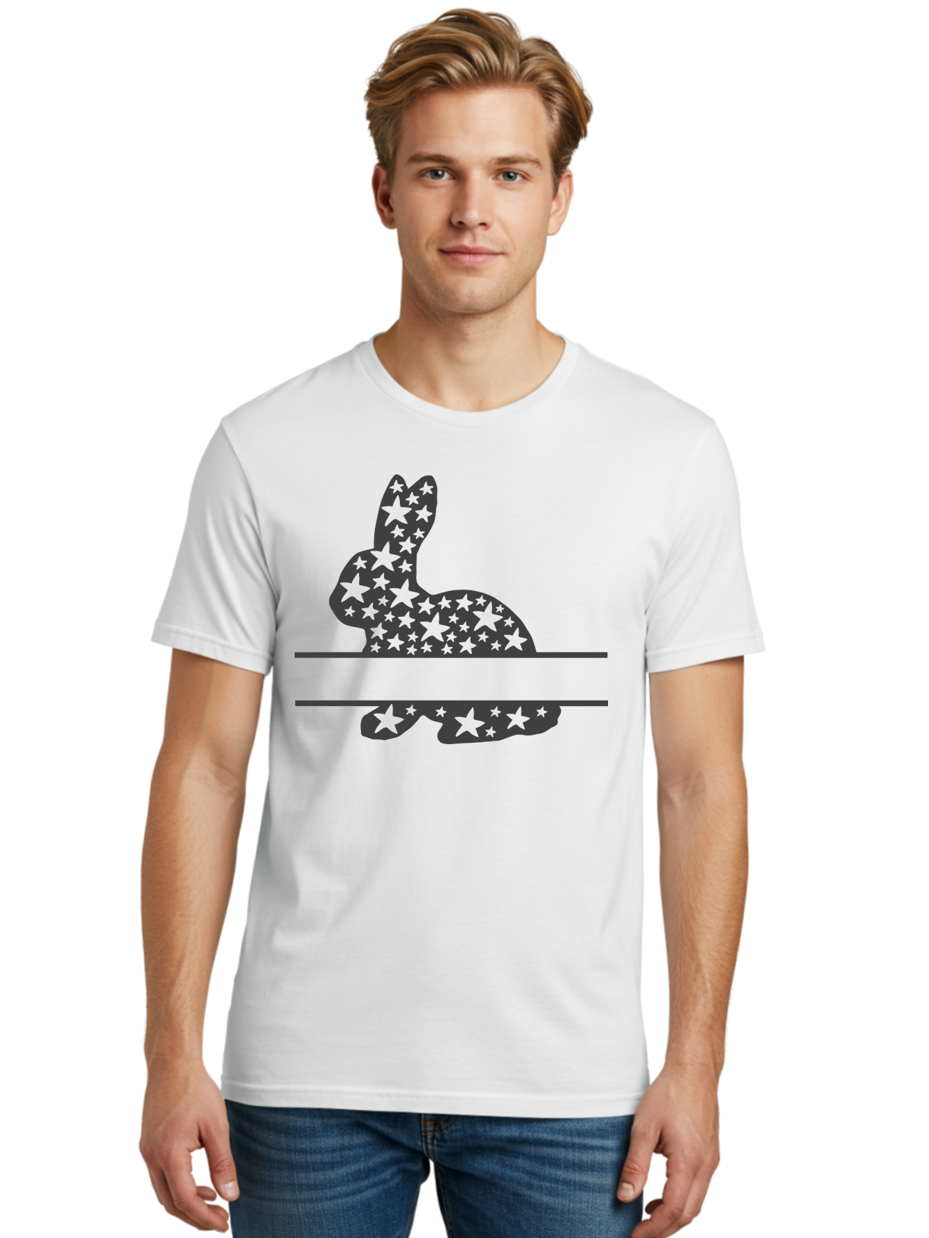 Star-Bunny Men'S Graphic Tee, 100% Cotton, Comfortable Casual Summer Wear, Machine Washable, Rabbit Silhouette, Decorative Stars, Minimalist Design, Modern Art, Artistic Expression, Star Pattern, Cute Rabbit Aad195