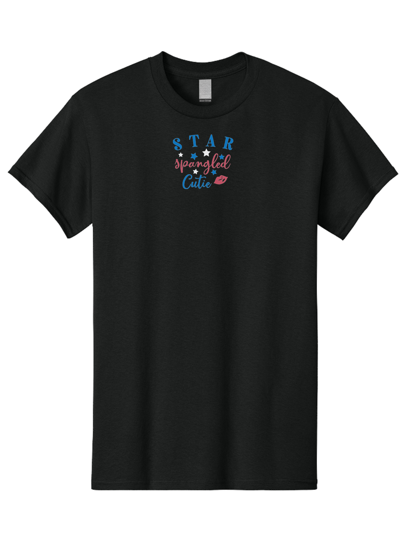 Star-Spangled-Cutie Men'S Graphic Tee, 100% Cotton, Comfortable Casual Summer Wear, Machine Washable, Star Spangled Cutie, Cute Typography, Blue And Pink Text, Pink Lips, Star Graphics, Feminine Design, Playful Font, Whimsical Elements, Aad198