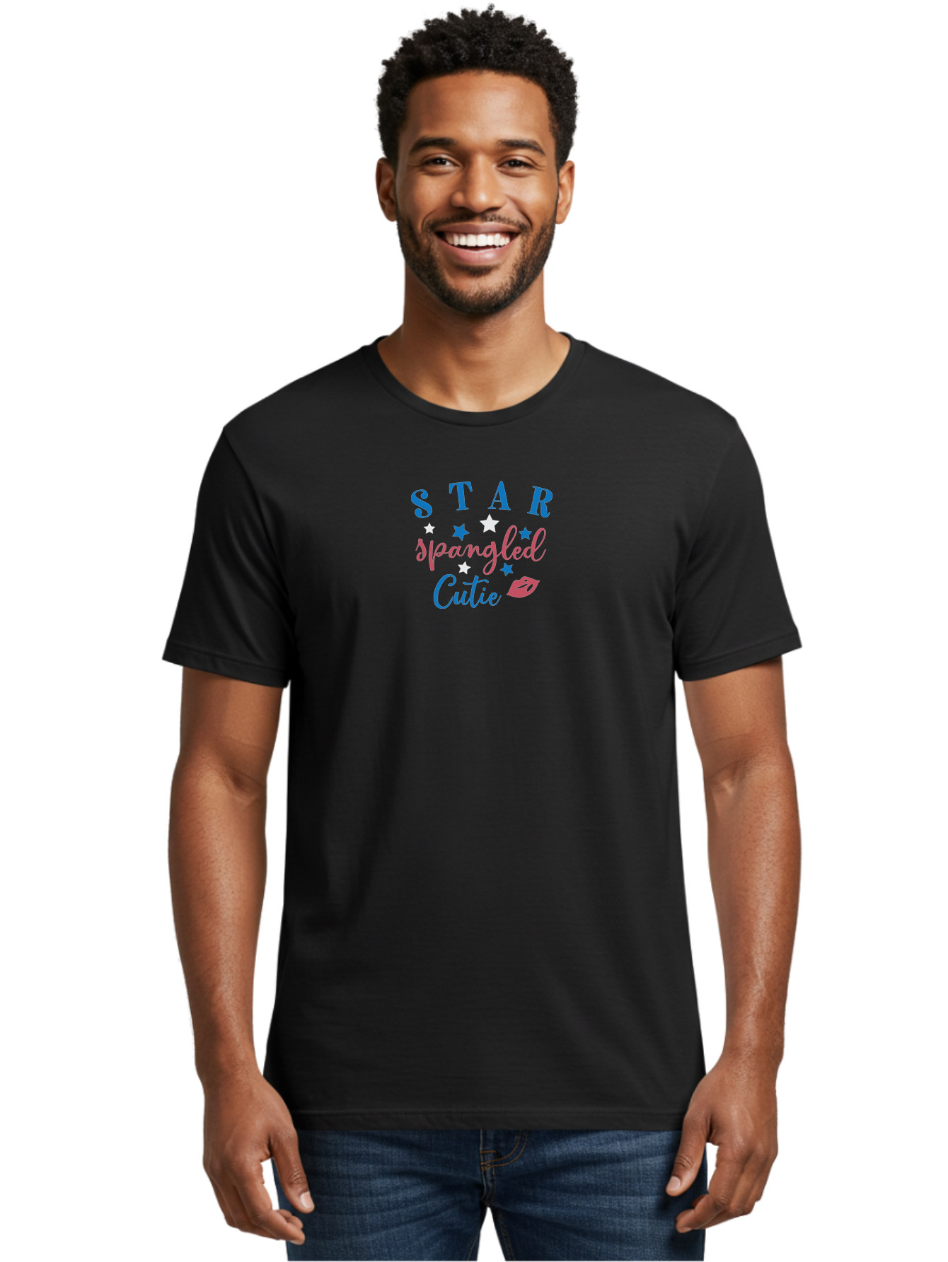 Star-Spangled-Cutie Men'S Graphic Tee, 100% Cotton, Comfortable Casual Summer Wear, Machine Washable, Star Spangled Cutie, Cute Typography, Blue And Pink Text, Pink Lips, Star Graphics, Feminine Design, Playful Font, Whimsical Elements, Aad198