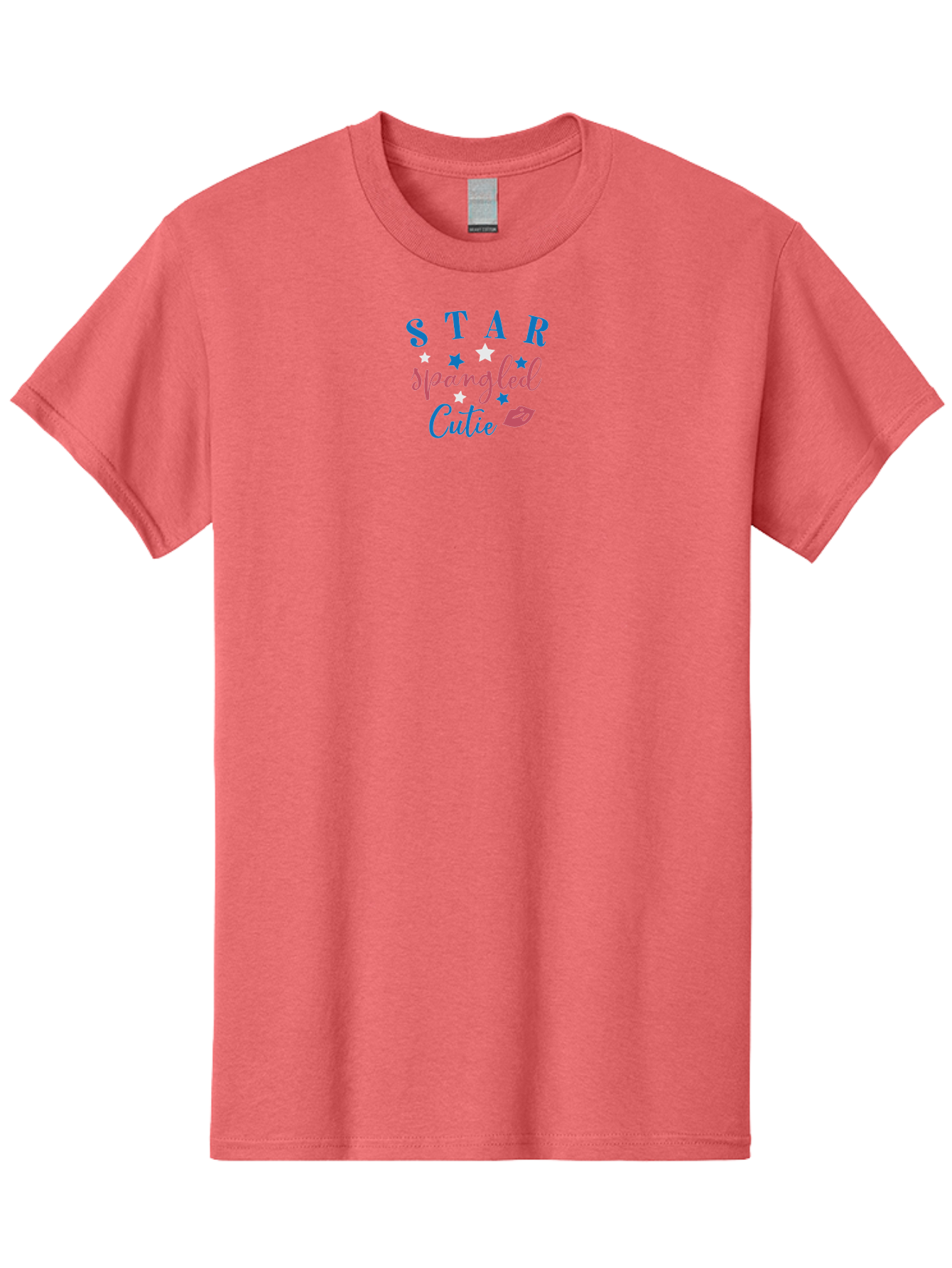 Star-Spangled-Cutie Men'S Graphic Tee, 100% Cotton, Comfortable Casual Summer Wear, Machine Washable, Star Spangled Cutie, Cute Typography, Blue And Pink Text, Pink Lips, Star Graphics, Feminine Design, Playful Font, Whimsical Elements, Aad198