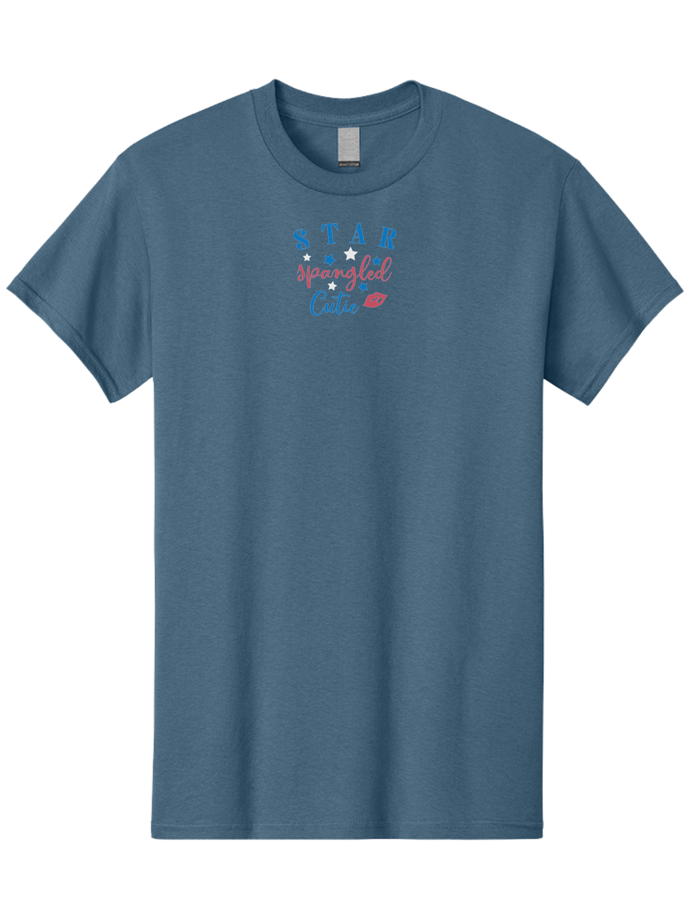 Star-Spangled-Cutie Men'S Graphic Tee, 100% Cotton, Comfortable Casual Summer Wear, Machine Washable, Star Spangled Cutie, Cute Typography, Blue And Pink Text, Pink Lips, Star Graphics, Feminine Design, Playful Font, Whimsical Elements, Aad198