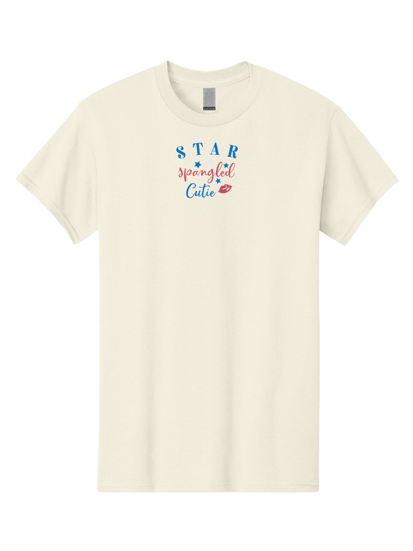 Star-Spangled-Cutie Men'S Graphic Tee, 100% Cotton, Comfortable Casual Summer Wear, Machine Washable, Star Spangled Cutie, Cute Typography, Blue And Pink Text, Pink Lips, Star Graphics, Feminine Design, Playful Font, Whimsical Elements, Aad198