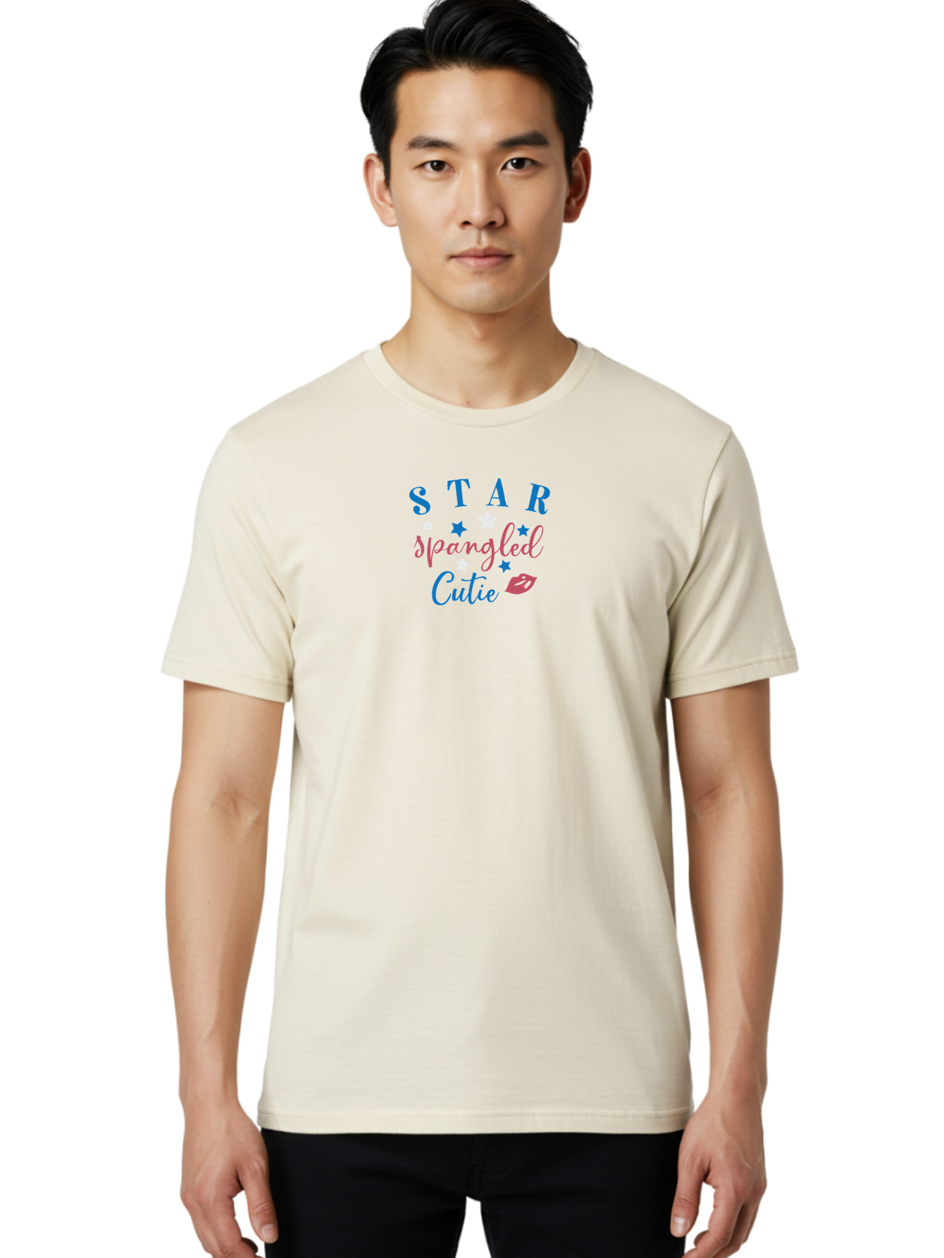 Star-Spangled-Cutie Men'S Graphic Tee, 100% Cotton, Comfortable Casual Summer Wear, Machine Washable, Star Spangled Cutie, Cute Typography, Blue And Pink Text, Pink Lips, Star Graphics, Feminine Design, Playful Font, Whimsical Elements, Aad198