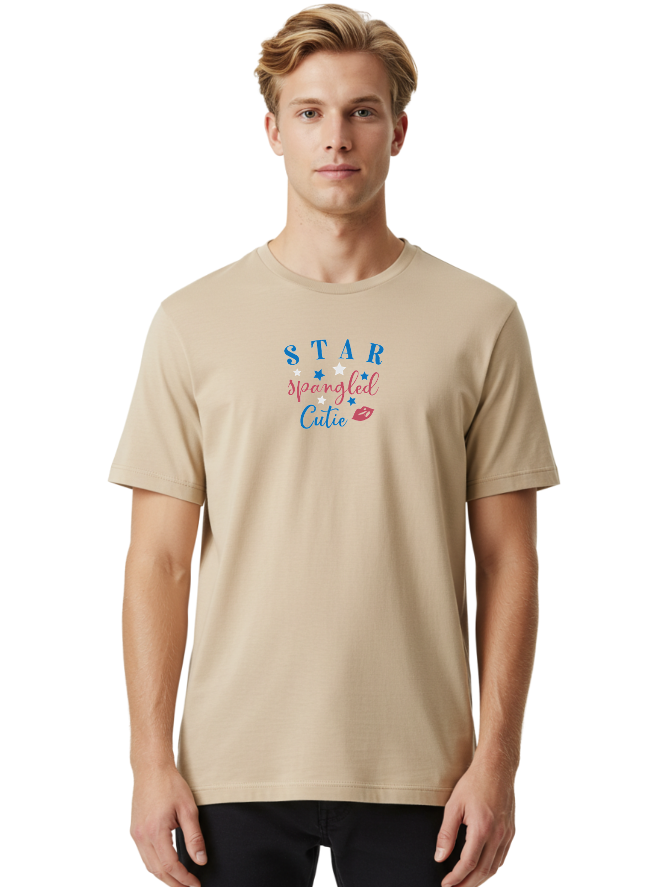 Star-Spangled-Cutie Men'S Graphic Tee, 100% Cotton, Comfortable Casual Summer Wear, Machine Washable, Star Spangled Cutie, Cute Typography, Blue And Pink Text, Pink Lips, Star Graphics, Feminine Design, Playful Font, Whimsical Elements, Aad198