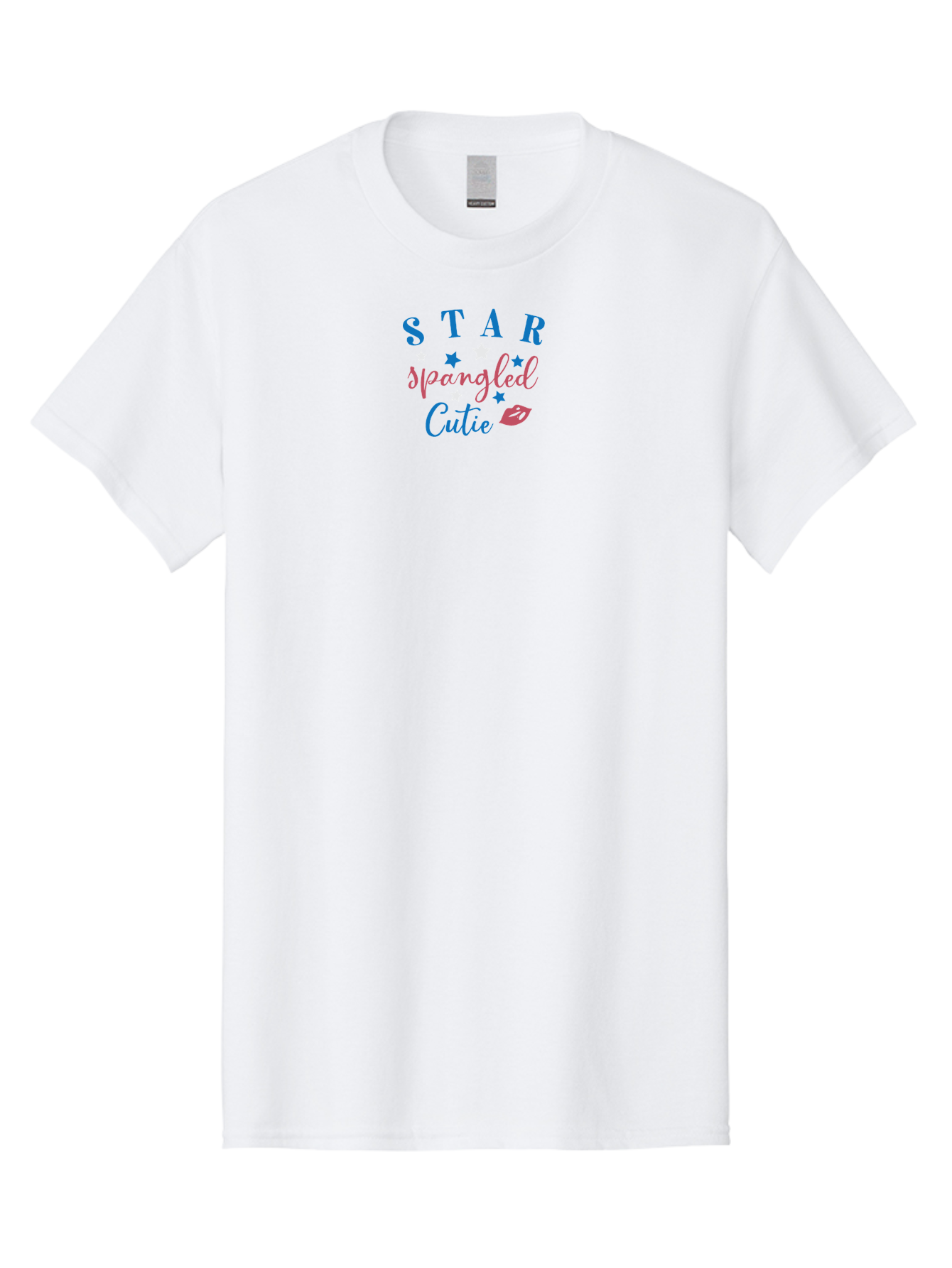 Star-Spangled-Cutie Men'S Graphic Tee, 100% Cotton, Comfortable Casual Summer Wear, Machine Washable, Star Spangled Cutie, Cute Typography, Blue And Pink Text, Pink Lips, Star Graphics, Feminine Design, Playful Font, Whimsical Elements, Aad198