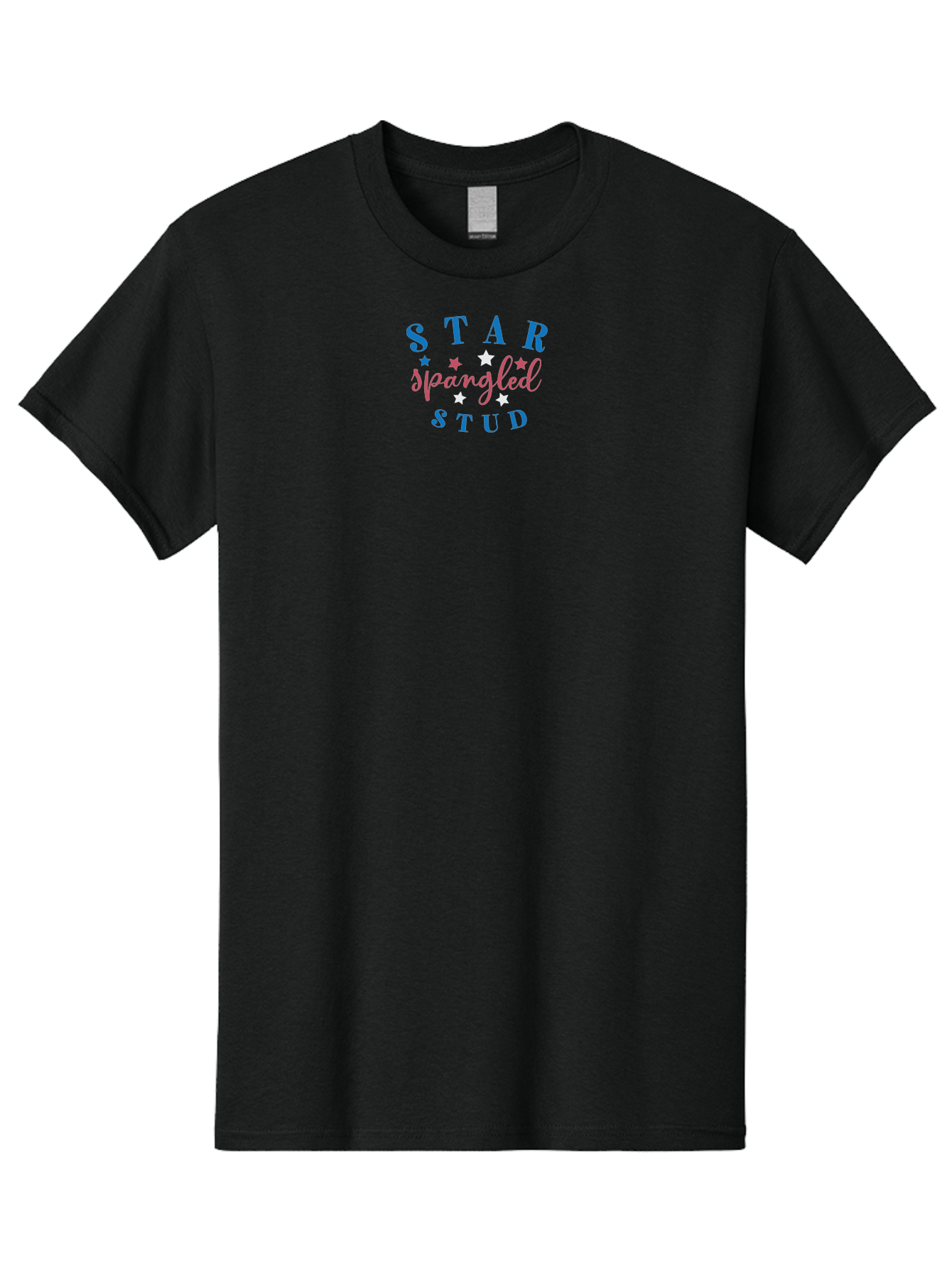 Star-Spangled-Stud Men'S Graphic Tee, 100% Cotton, Comfortable Casual Summer Wear, Machine Washable, Star Spangled Stud, Bold Typography, Blue And Pink Text, White And Pink Stars, Festive Design, Celebratory Theme, Inspirational Quote, Aad199