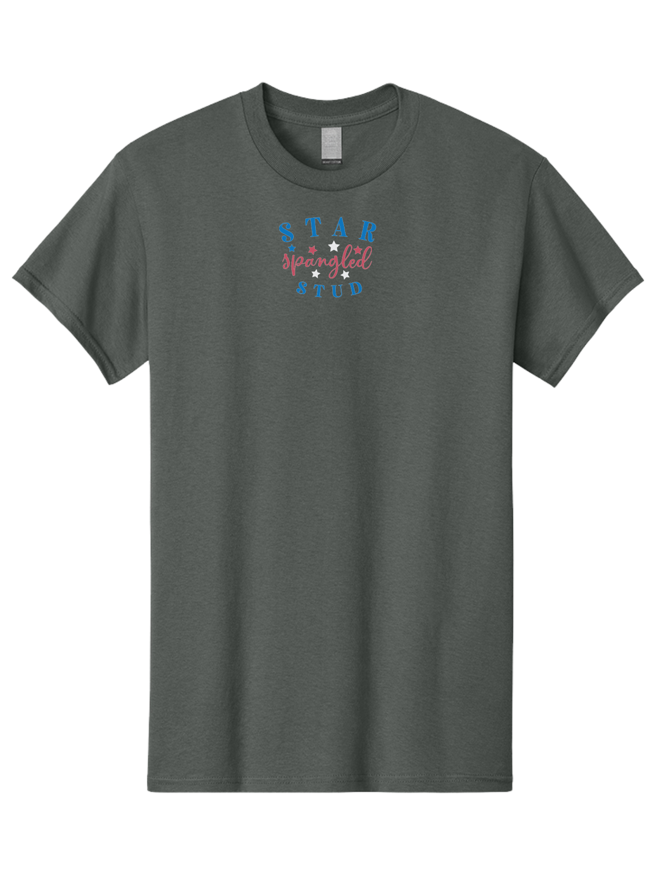 Star-Spangled-Stud Men'S Graphic Tee, 100% Cotton, Comfortable Casual Summer Wear, Machine Washable, Star Spangled Stud, Bold Typography, Blue And Pink Text, White And Pink Stars, Festive Design, Celebratory Theme, Inspirational Quote, Aad199