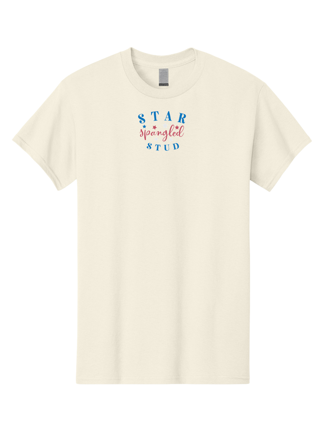 Star-Spangled-Stud Men'S Graphic Tee, 100% Cotton, Comfortable Casual Summer Wear, Machine Washable, Star Spangled Stud, Bold Typography, Blue And Pink Text, White And Pink Stars, Festive Design, Celebratory Theme, Inspirational Quote, Aad199