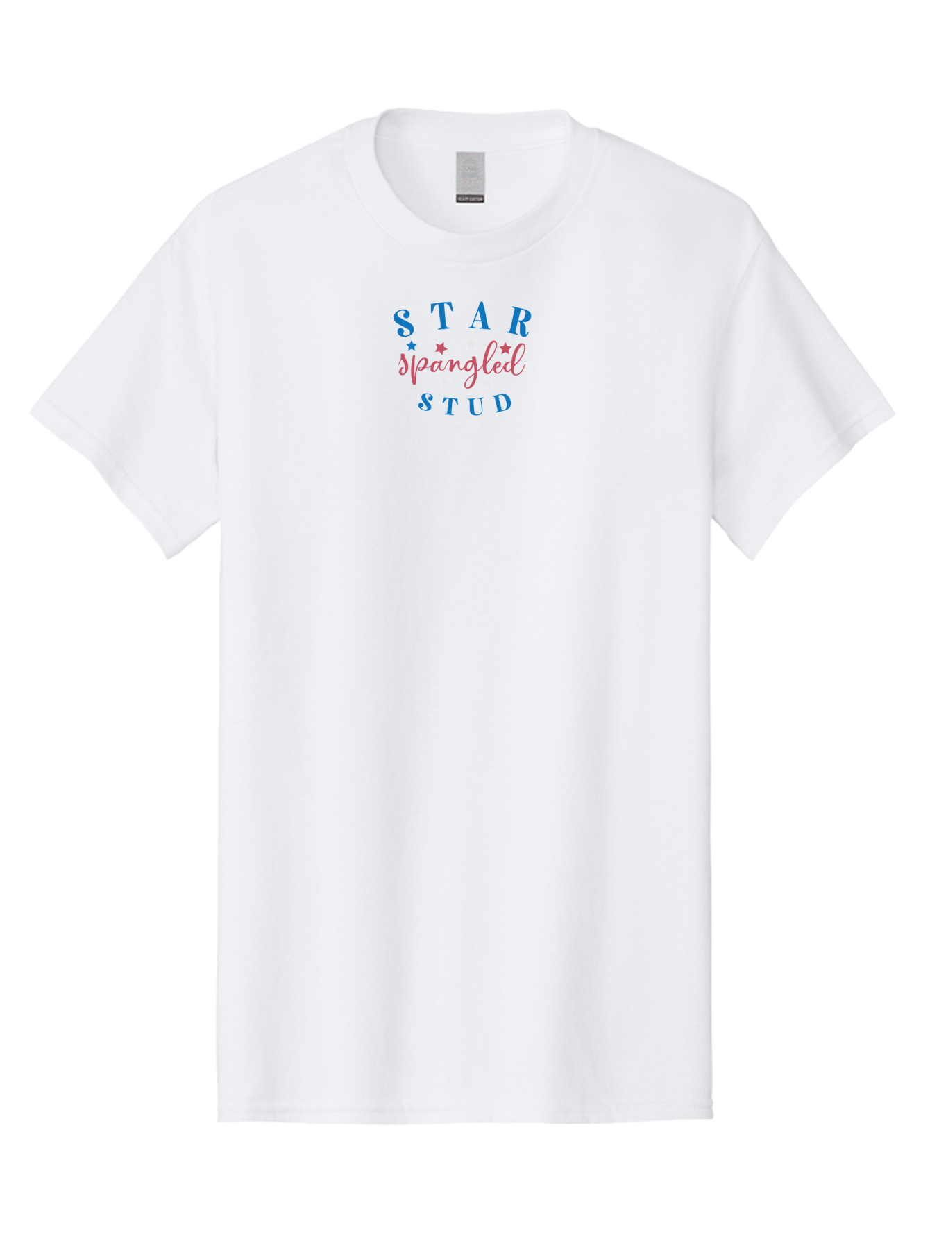 Star-Spangled-Stud Men'S Graphic Tee, 100% Cotton, Comfortable Casual Summer Wear, Machine Washable, Star Spangled Stud, Bold Typography, Blue And Pink Text, White And Pink Stars, Festive Design, Celebratory Theme, Inspirational Quote, Aad199