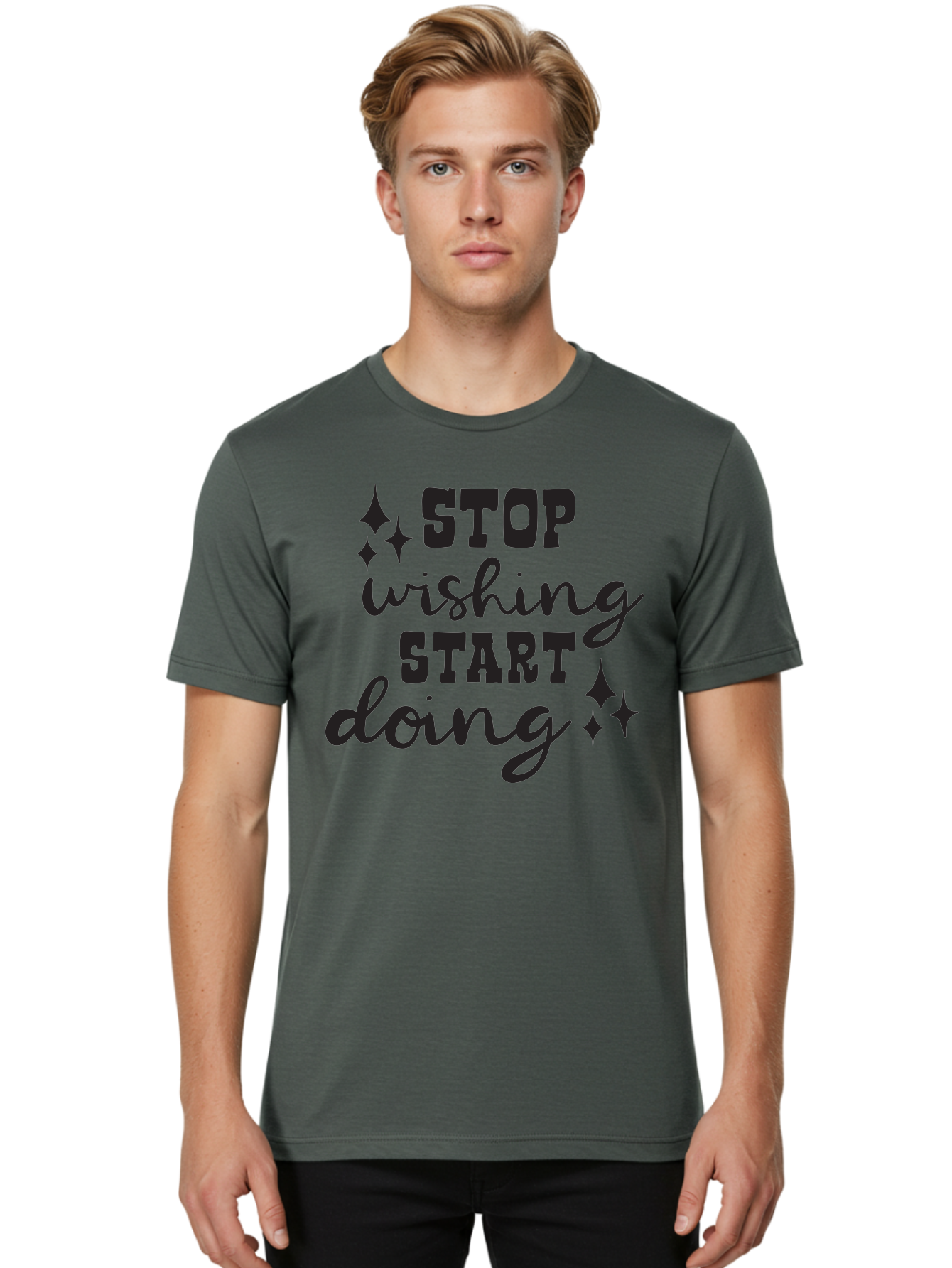 Stop-Wishing-Start-Doing Men'S Graphic Tee, 100% Cotton, Comfortable Casual Summer Wear, Machine Washable, Motivational Quote, Inspiration, Stop Wishing Start Doing, Goal Setting, Productivity Tips, Success Mindset, Positive Affirmation, Aad202