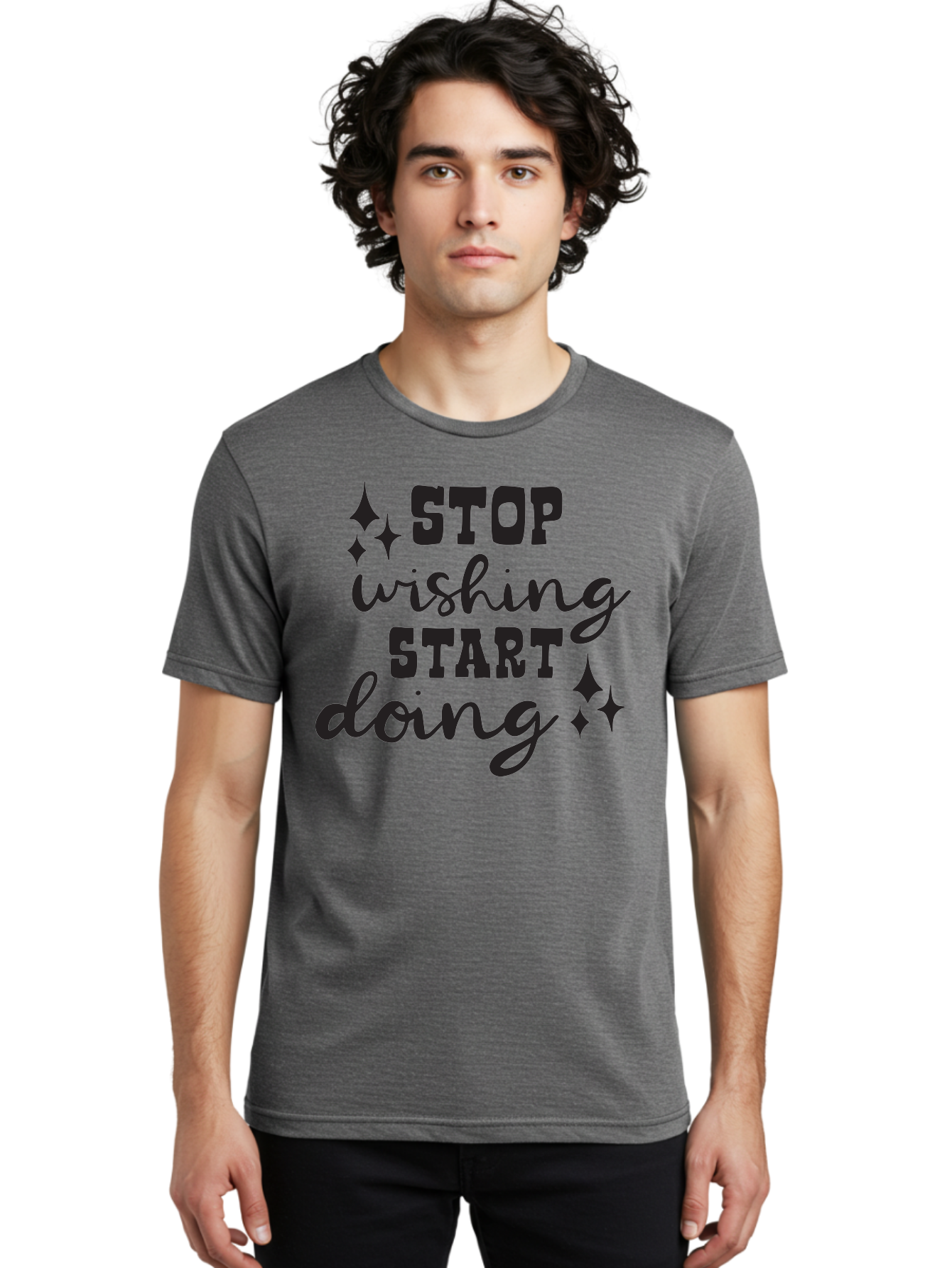 Stop-Wishing-Start-Doing Men'S Graphic Tee, 100% Cotton, Comfortable Casual Summer Wear, Machine Washable, Motivational Quote, Inspiration, Stop Wishing Start Doing, Goal Setting, Productivity Tips, Success Mindset, Positive Affirmation, Aad202