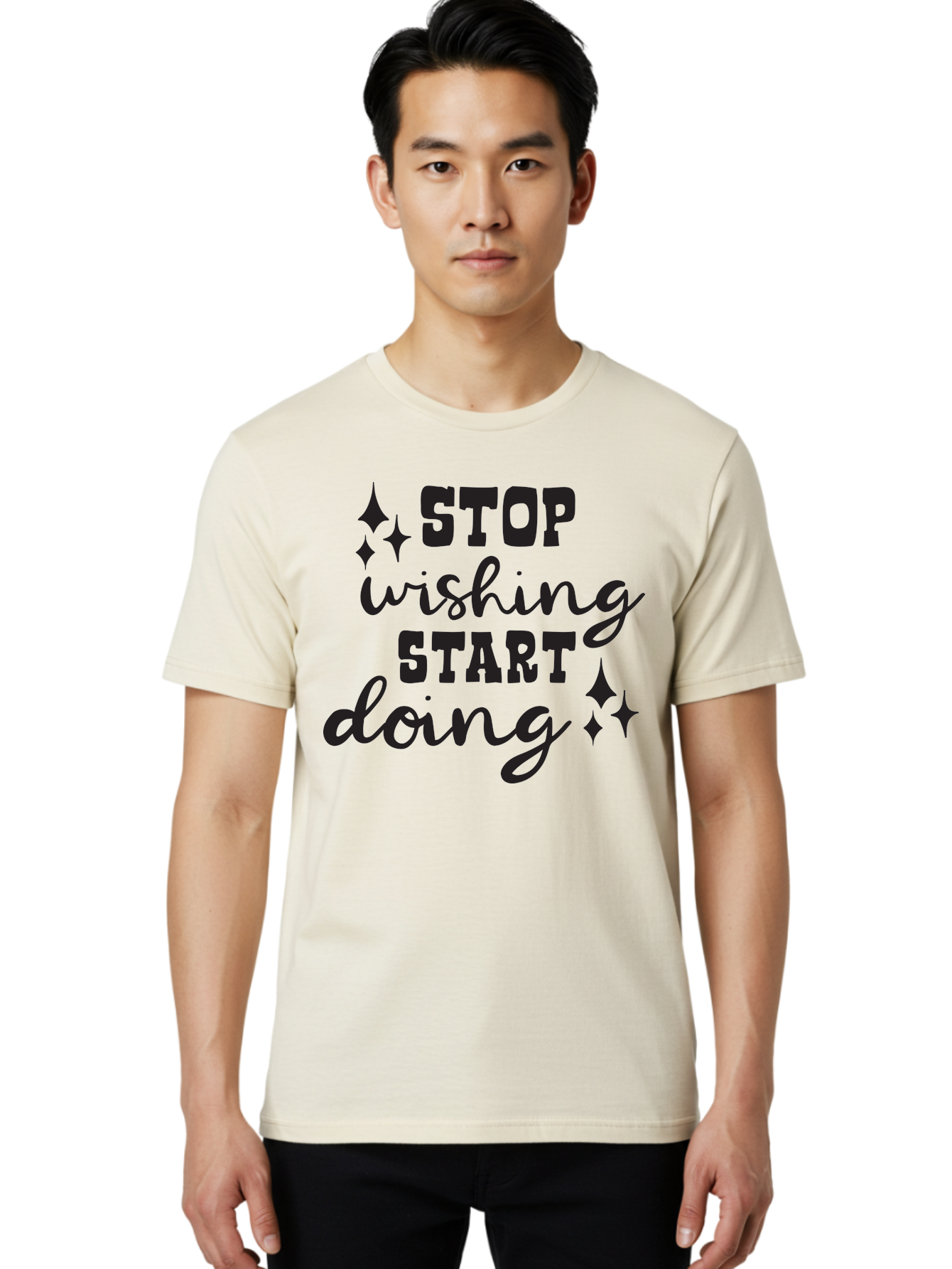 Stop-Wishing-Start-Doing Men'S Graphic Tee, 100% Cotton, Comfortable Casual Summer Wear, Machine Washable, Motivational Quote, Inspiration, Stop Wishing Start Doing, Goal Setting, Productivity Tips, Success Mindset, Positive Affirmation, Aad202