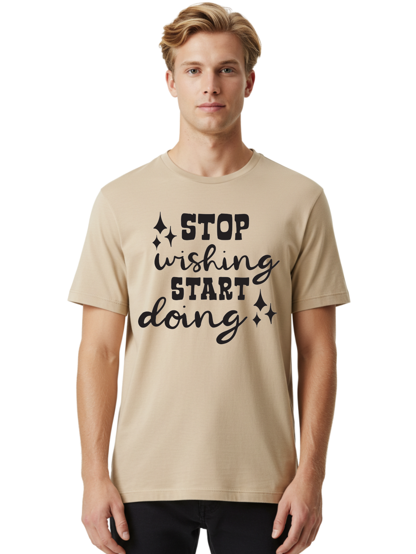 Stop-Wishing-Start-Doing Men'S Graphic Tee, 100% Cotton, Comfortable Casual Summer Wear, Machine Washable, Motivational Quote, Inspiration, Stop Wishing Start Doing, Goal Setting, Productivity Tips, Success Mindset, Positive Affirmation, Aad202