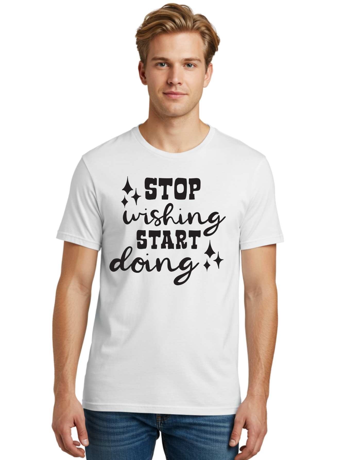 Stop-Wishing-Start-Doing Men'S Graphic Tee, 100% Cotton, Comfortable Casual Summer Wear, Machine Washable, Motivational Quote, Inspiration, Stop Wishing Start Doing, Goal Setting, Productivity Tips, Success Mindset, Positive Affirmation, Aad202