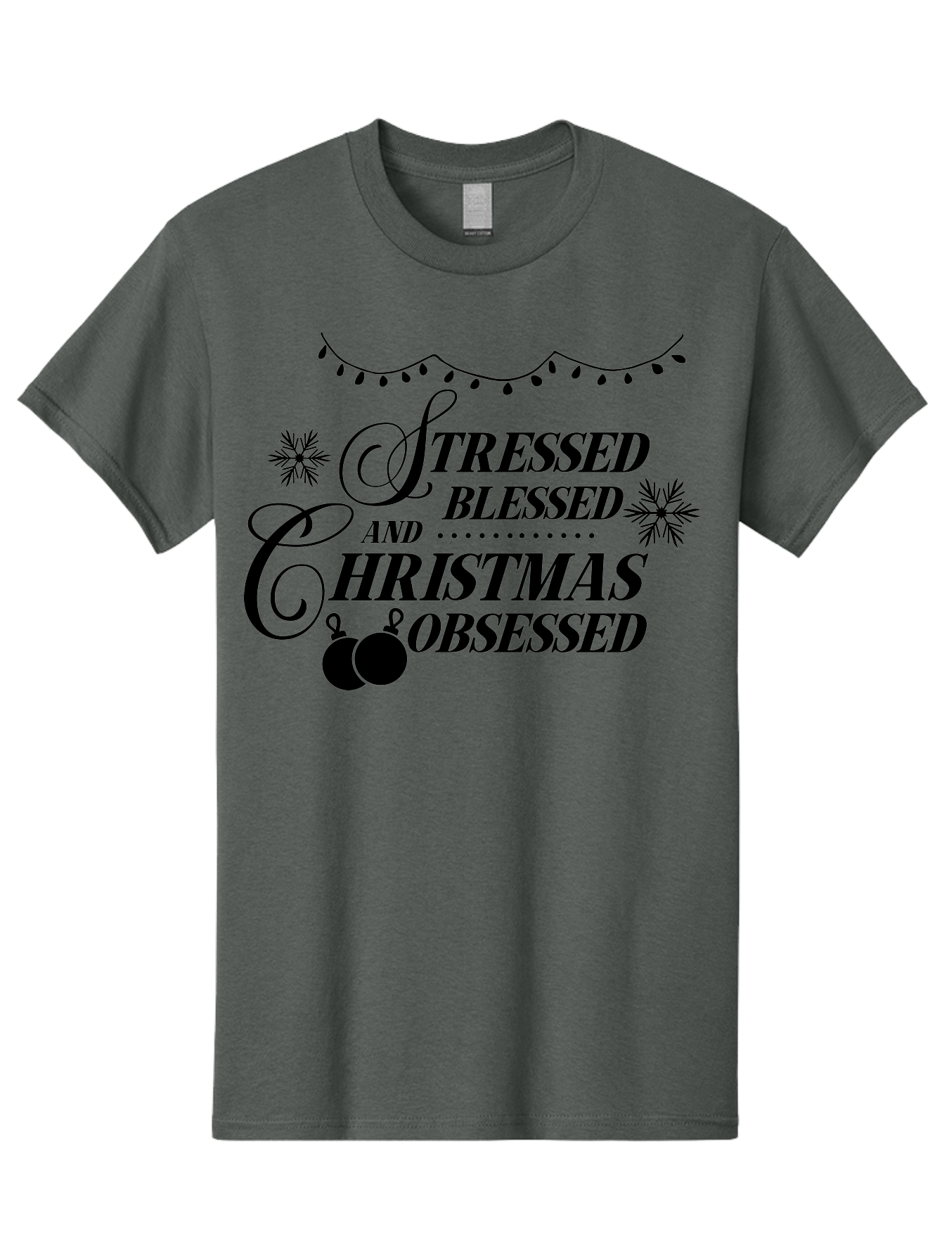 Stressed-Blessed-And-Christmas-Obsessed Men'S Graphic Tee, 100% Cotton, Comfortable Casual Summer Wear, Machine Washable, Christmas Quote, Holiday Phrase, Stressed Blessed And Christmas Obsessed, Festive Decorations, Christmas Ornaments, Aad204