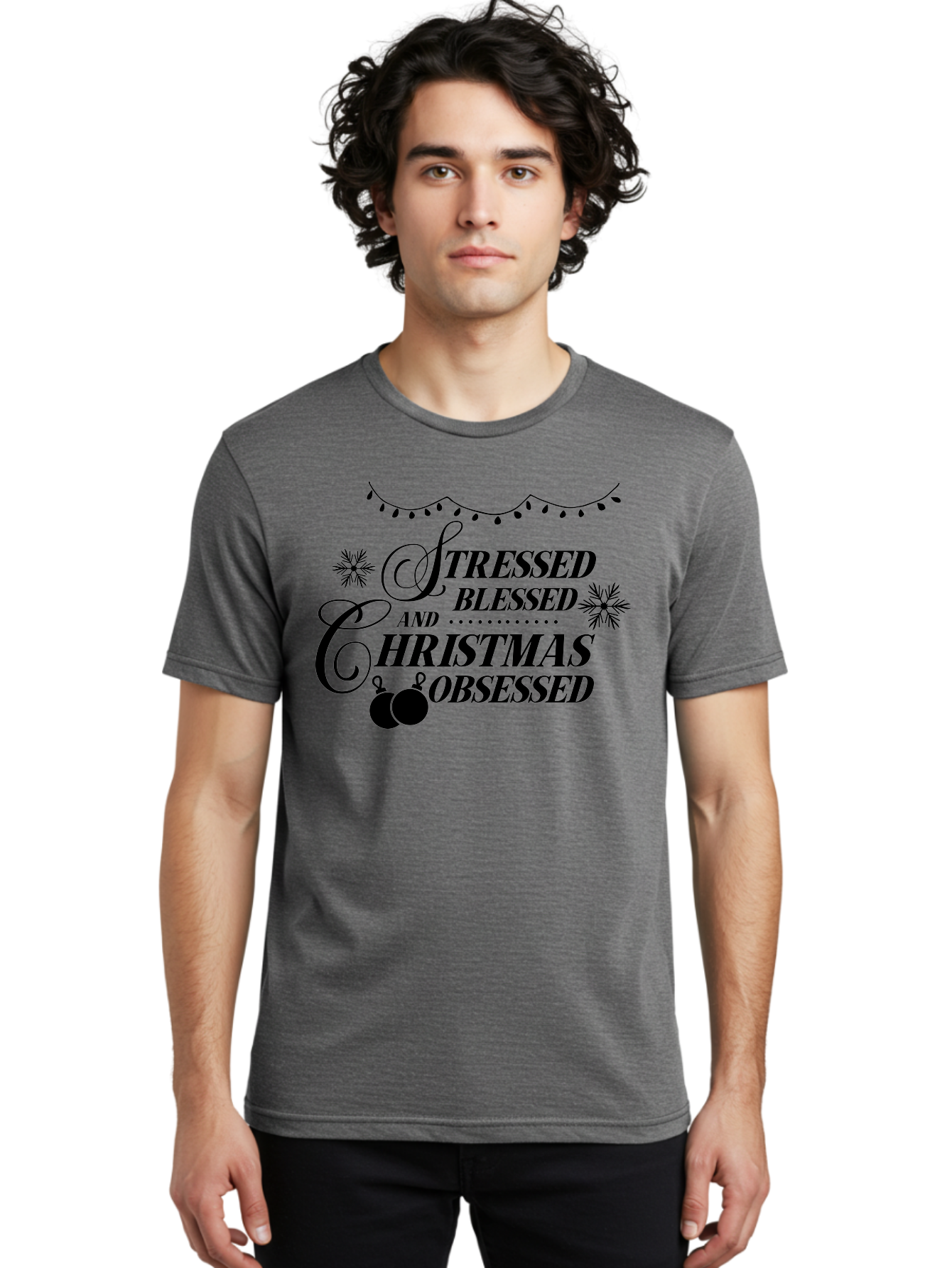 Stressed-Blessed-And-Christmas-Obsessed Men'S Graphic Tee, 100% Cotton, Comfortable Casual Summer Wear, Machine Washable, Christmas Quote, Holiday Phrase, Stressed Blessed And Christmas Obsessed, Festive Decorations, Christmas Ornaments, Aad204