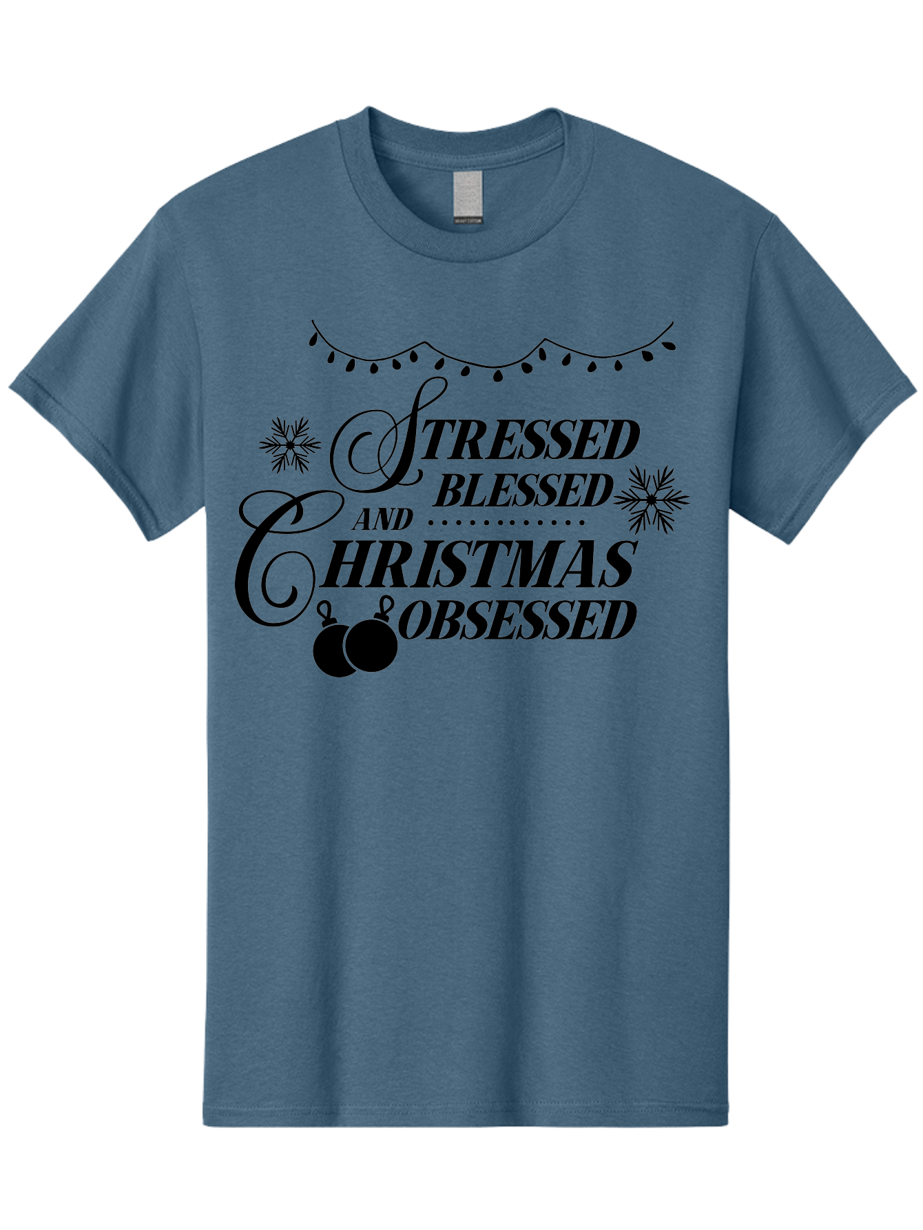 Stressed-Blessed-And-Christmas-Obsessed Men'S Graphic Tee, 100% Cotton, Comfortable Casual Summer Wear, Machine Washable, Christmas Quote, Holiday Phrase, Stressed Blessed And Christmas Obsessed, Festive Decorations, Christmas Ornaments, Aad204