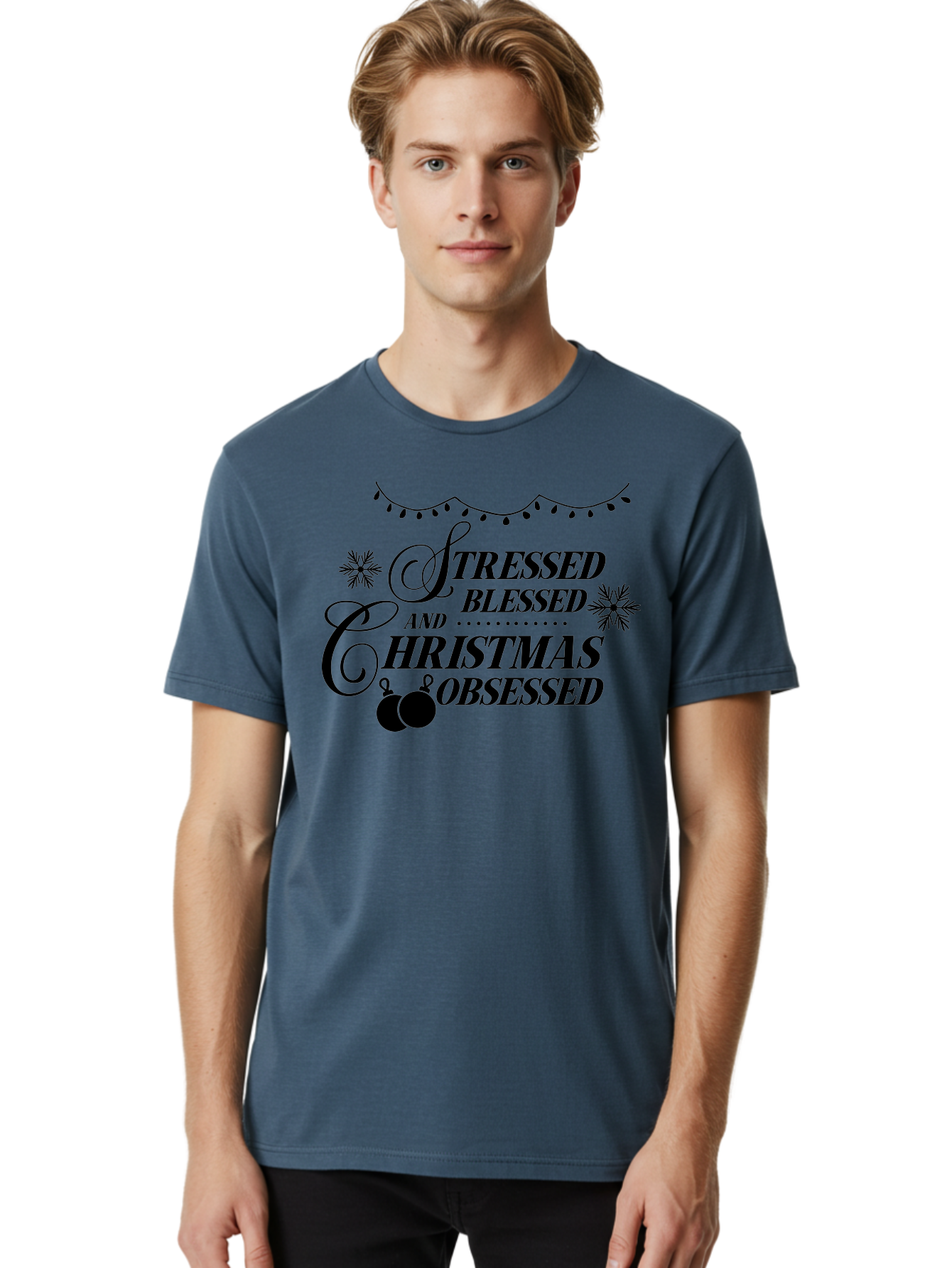 Stressed-Blessed-And-Christmas-Obsessed Men'S Graphic Tee, 100% Cotton, Comfortable Casual Summer Wear, Machine Washable, Christmas Quote, Holiday Phrase, Stressed Blessed And Christmas Obsessed, Festive Decorations, Christmas Ornaments, Aad204