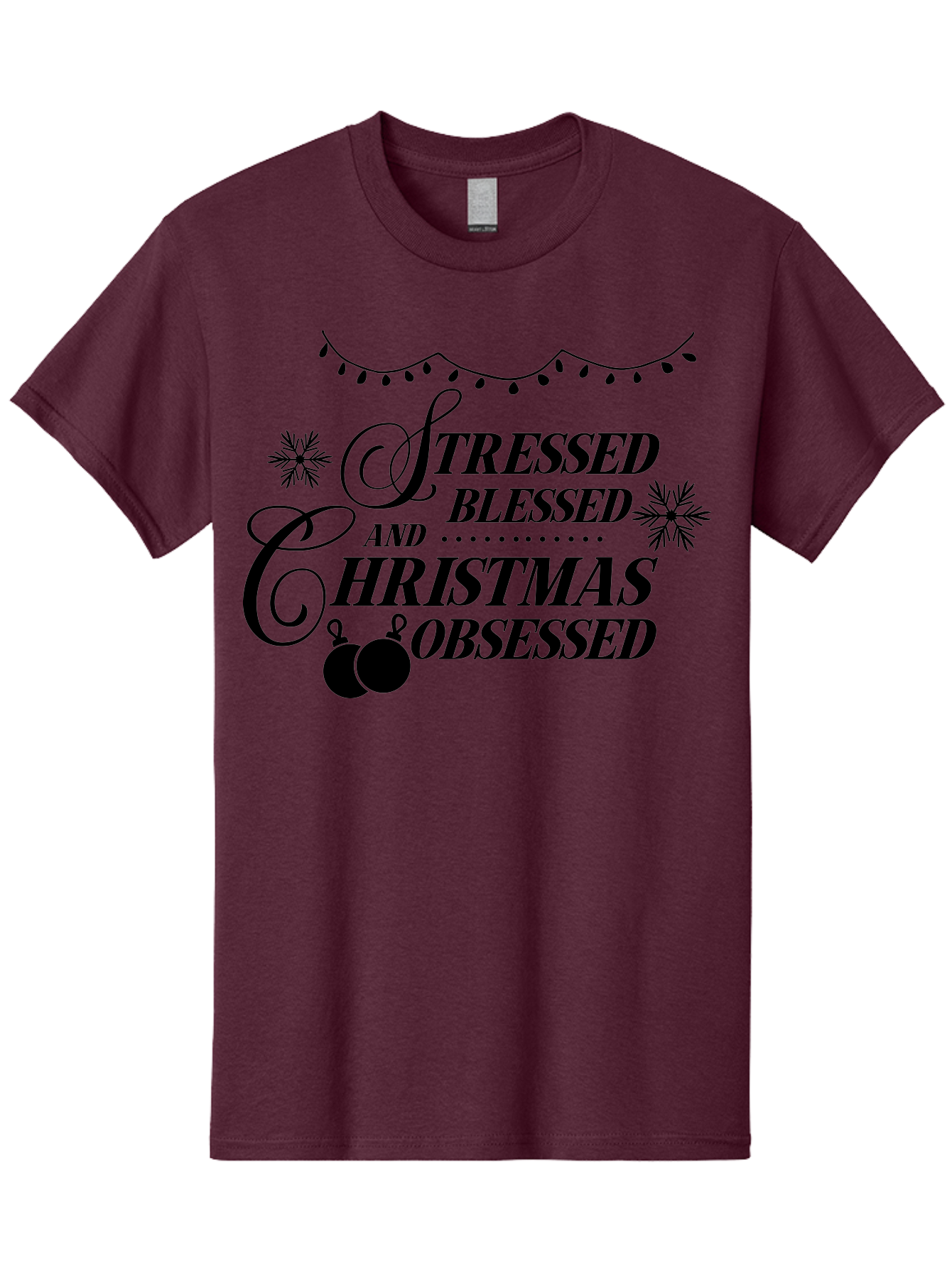 Stressed-Blessed-And-Christmas-Obsessed Men'S Graphic Tee, 100% Cotton, Comfortable Casual Summer Wear, Machine Washable, Christmas Quote, Holiday Phrase, Stressed Blessed And Christmas Obsessed, Festive Decorations, Christmas Ornaments, Aad204