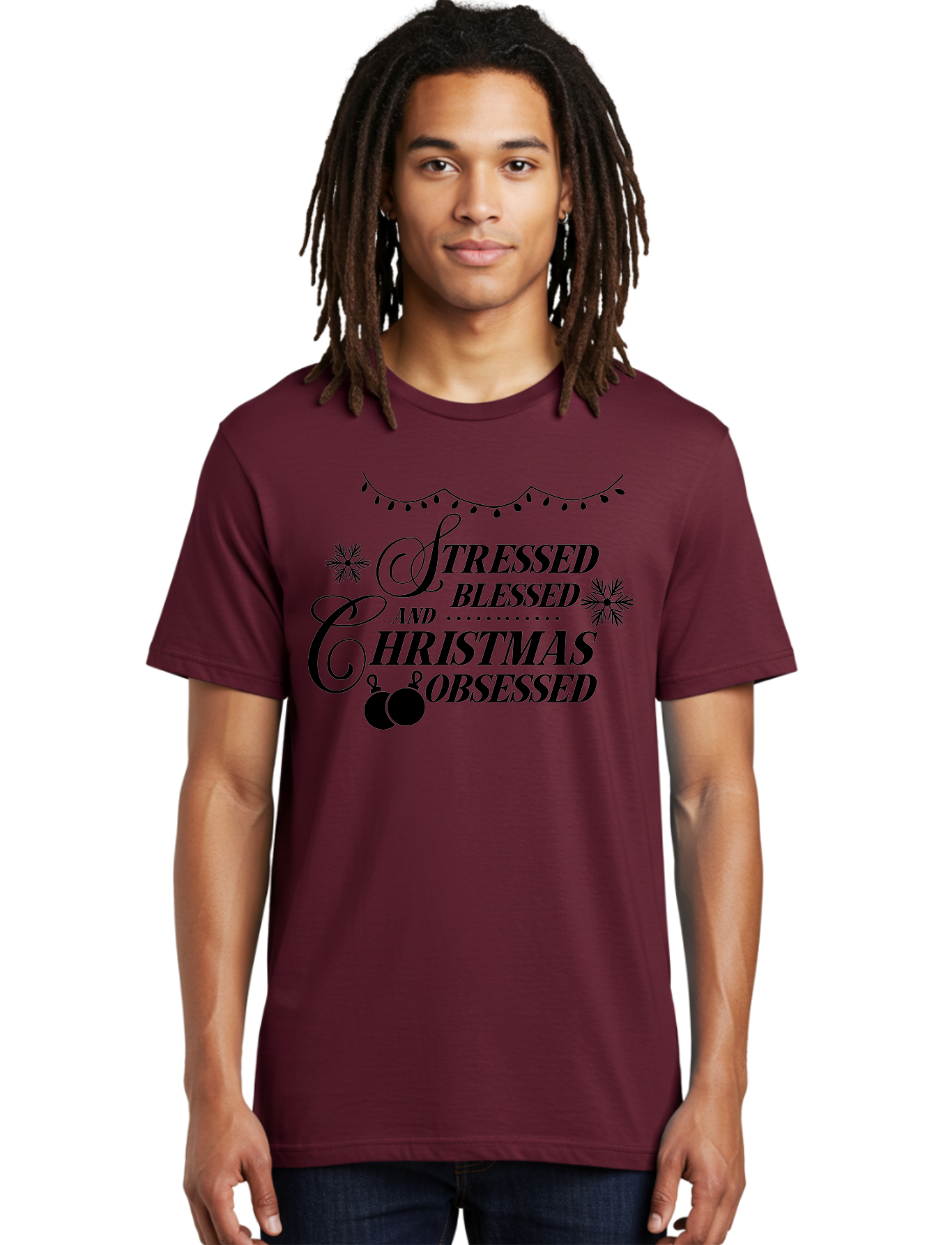 Stressed-Blessed-And-Christmas-Obsessed Men'S Graphic Tee, 100% Cotton, Comfortable Casual Summer Wear, Machine Washable, Christmas Quote, Holiday Phrase, Stressed Blessed And Christmas Obsessed, Festive Decorations, Christmas Ornaments, Aad204