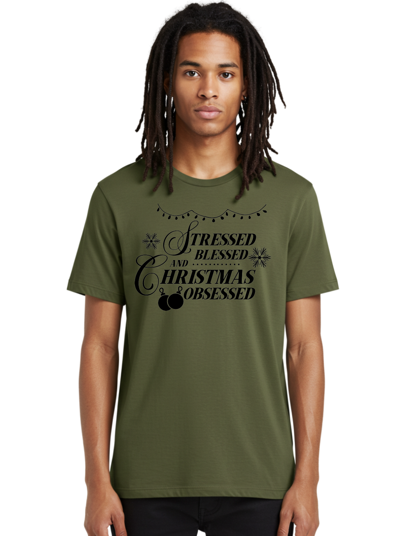 Stressed-Blessed-And-Christmas-Obsessed Men'S Graphic Tee, 100% Cotton, Comfortable Casual Summer Wear, Machine Washable, Christmas Quote, Holiday Phrase, Stressed Blessed And Christmas Obsessed, Festive Decorations, Christmas Ornaments, Aad204