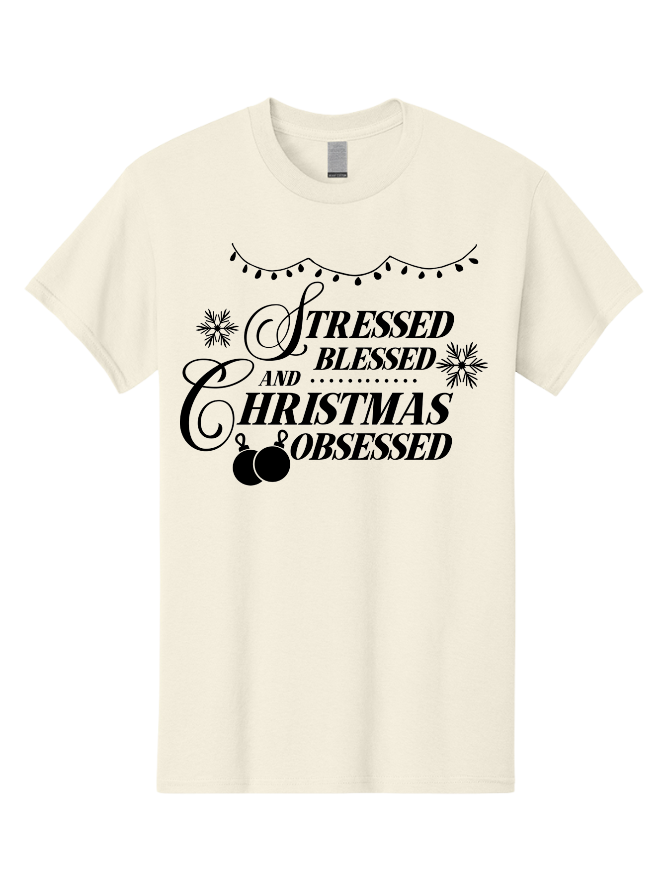 Stressed-Blessed-And-Christmas-Obsessed Men'S Graphic Tee, 100% Cotton, Comfortable Casual Summer Wear, Machine Washable, Christmas Quote, Holiday Phrase, Stressed Blessed And Christmas Obsessed, Festive Decorations, Christmas Ornaments, Aad204