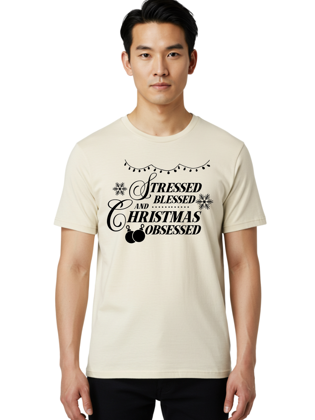 Stressed-Blessed-And-Christmas-Obsessed Men'S Graphic Tee, 100% Cotton, Comfortable Casual Summer Wear, Machine Washable, Christmas Quote, Holiday Phrase, Stressed Blessed And Christmas Obsessed, Festive Decorations, Christmas Ornaments, Aad204