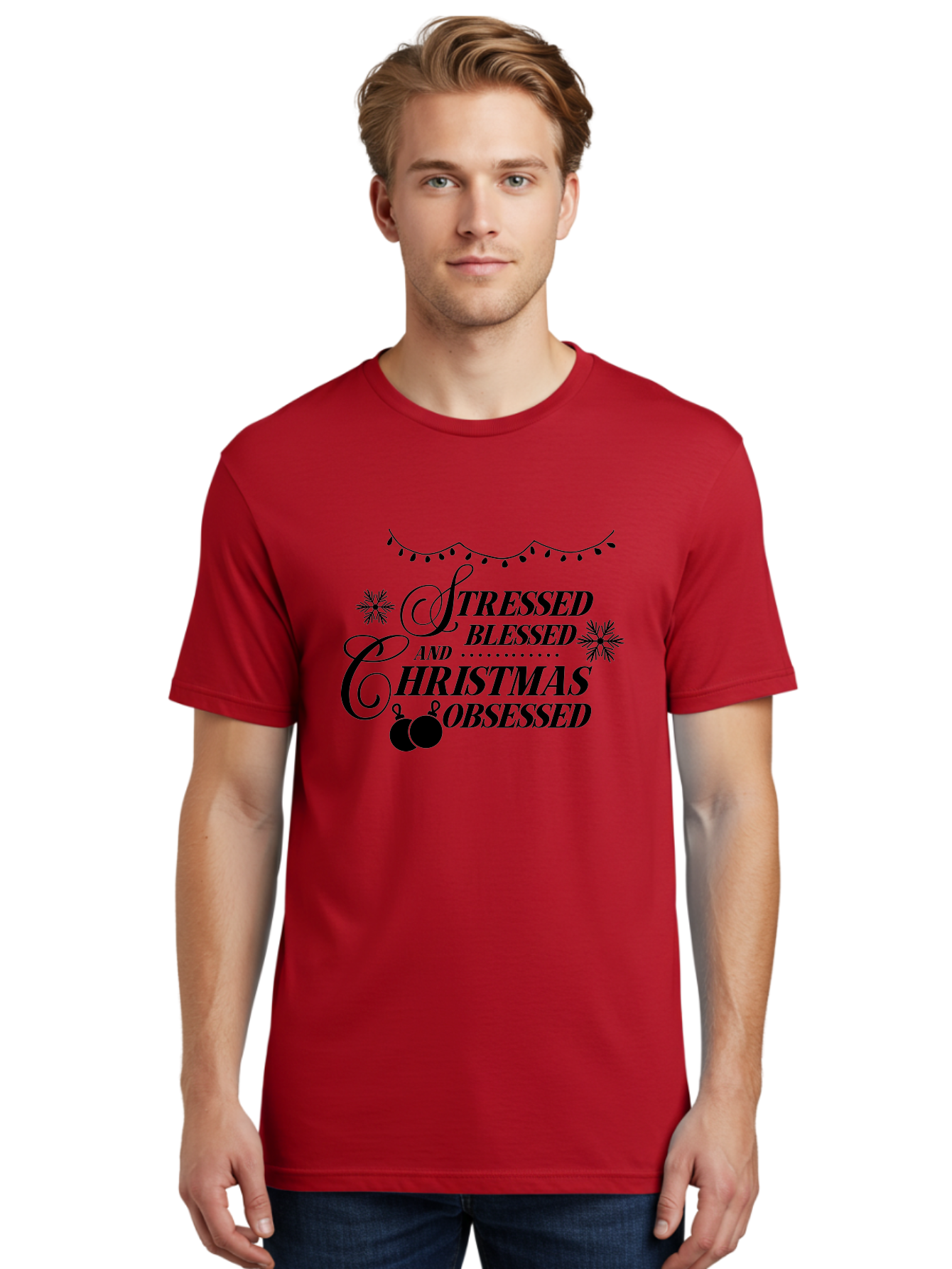 Stressed-Blessed-And-Christmas-Obsessed Men'S Graphic Tee, 100% Cotton, Comfortable Casual Summer Wear, Machine Washable, Christmas Quote, Holiday Phrase, Stressed Blessed And Christmas Obsessed, Festive Decorations, Christmas Ornaments, Aad204