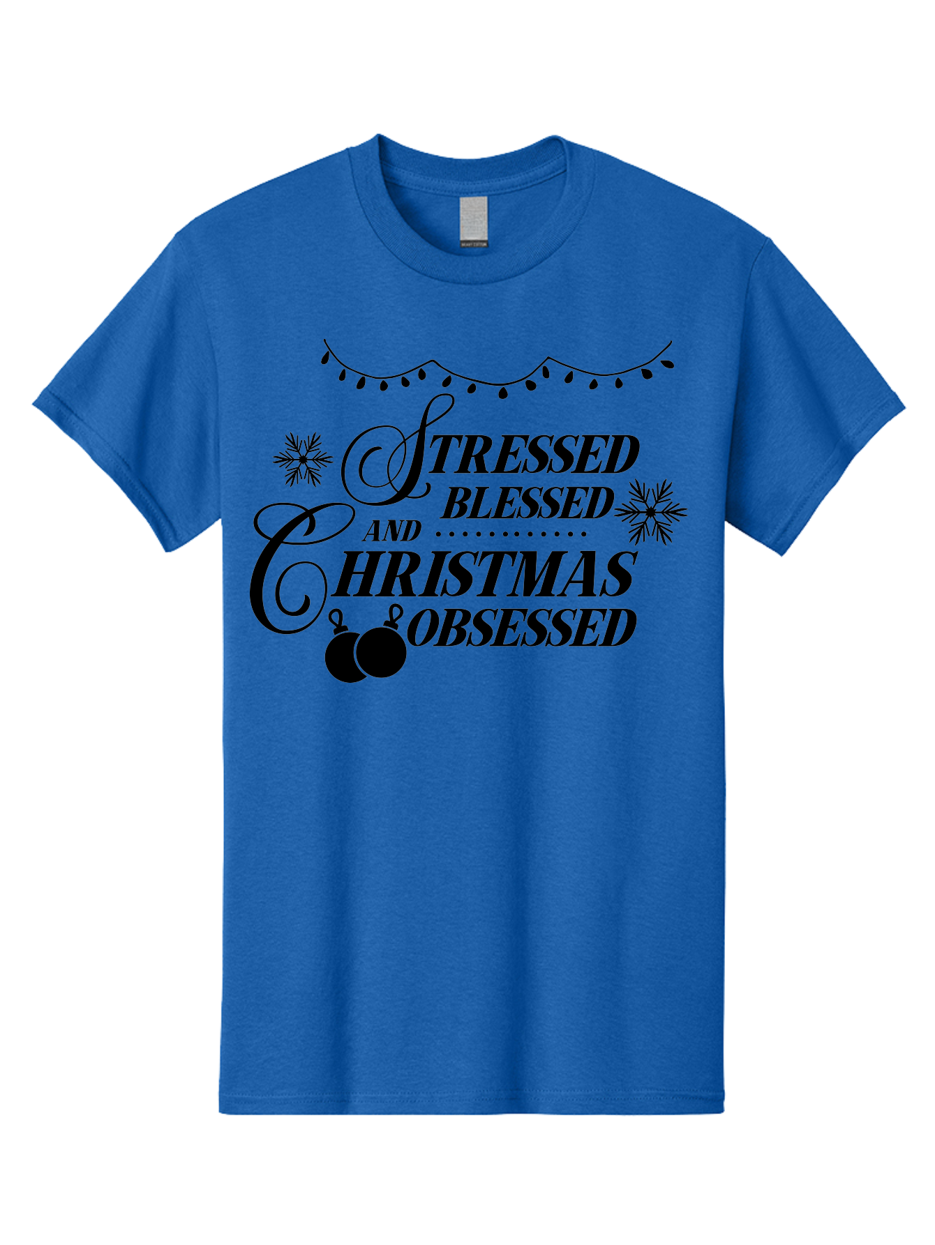 Stressed-Blessed-And-Christmas-Obsessed Men'S Graphic Tee, 100% Cotton, Comfortable Casual Summer Wear, Machine Washable, Christmas Quote, Holiday Phrase, Stressed Blessed And Christmas Obsessed, Festive Decorations, Christmas Ornaments, Aad204