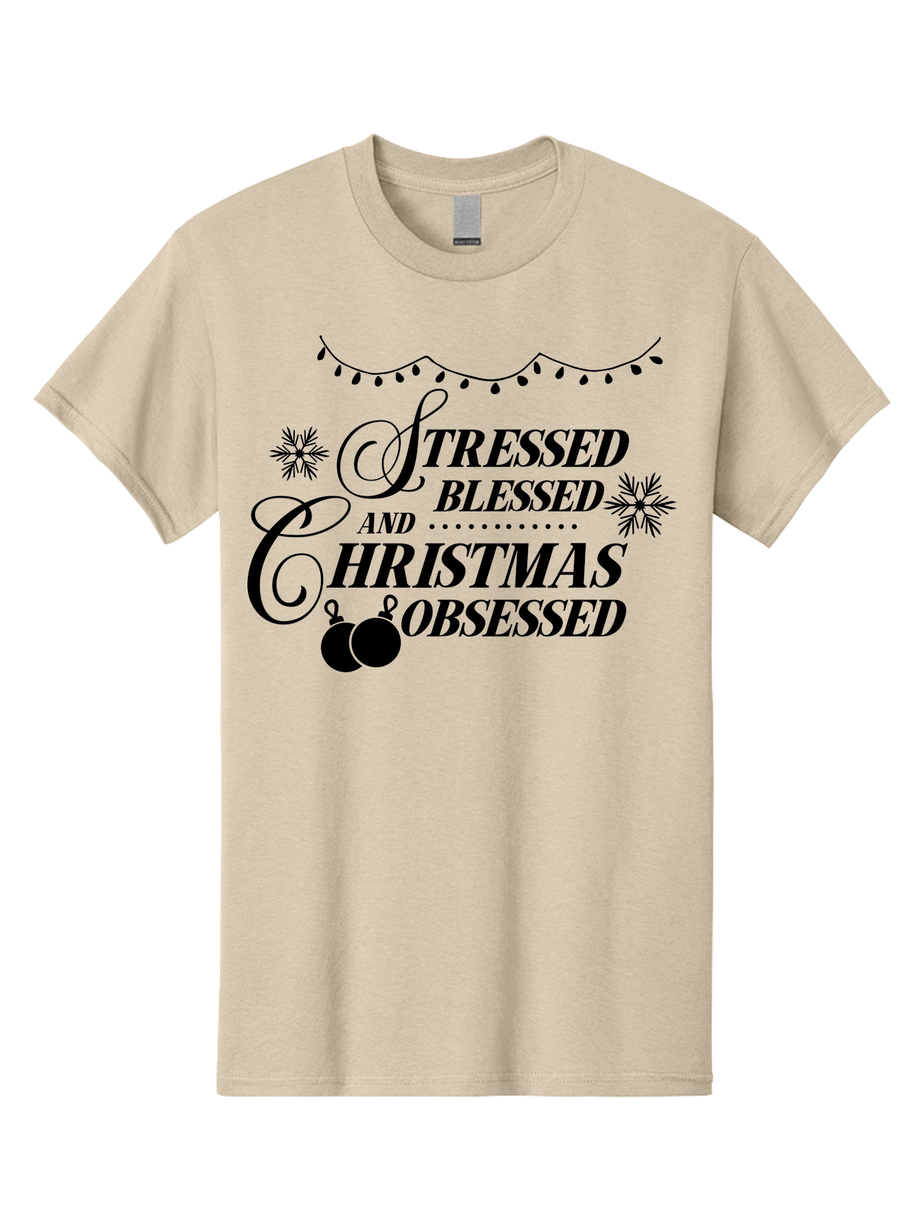 Stressed-Blessed-And-Christmas-Obsessed Men'S Graphic Tee, 100% Cotton, Comfortable Casual Summer Wear, Machine Washable, Christmas Quote, Holiday Phrase, Stressed Blessed And Christmas Obsessed, Festive Decorations, Christmas Ornaments, Aad204