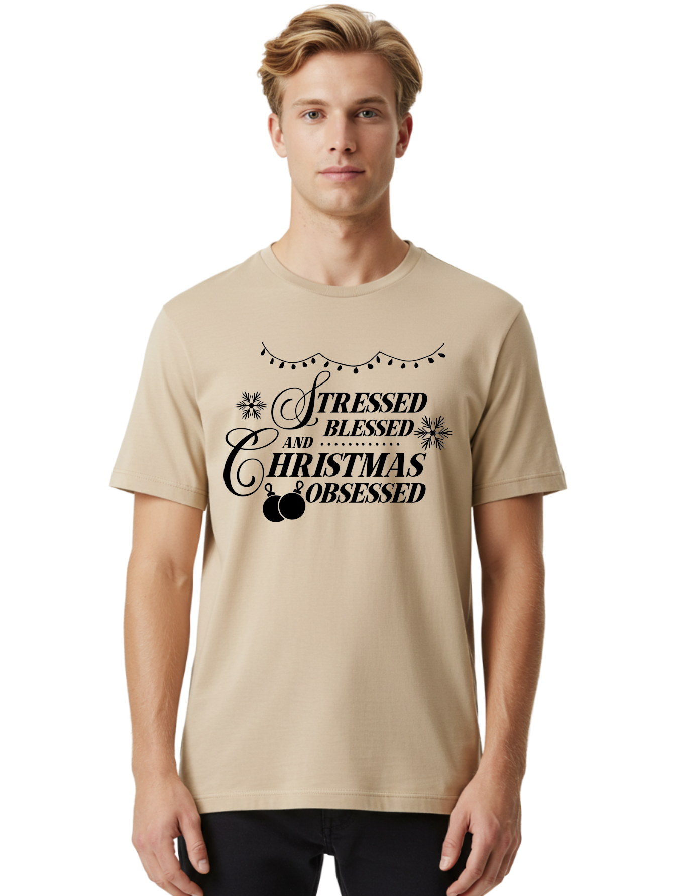 Stressed-Blessed-And-Christmas-Obsessed Men'S Graphic Tee, 100% Cotton, Comfortable Casual Summer Wear, Machine Washable, Christmas Quote, Holiday Phrase, Stressed Blessed And Christmas Obsessed, Festive Decorations, Christmas Ornaments, Aad204