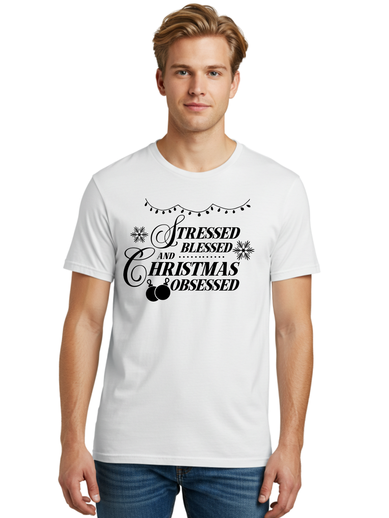 Stressed-Blessed-And-Christmas-Obsessed Men'S Graphic Tee, 100% Cotton, Comfortable Casual Summer Wear, Machine Washable, Christmas Quote, Holiday Phrase, Stressed Blessed And Christmas Obsessed, Festive Decorations, Christmas Ornaments, Aad204