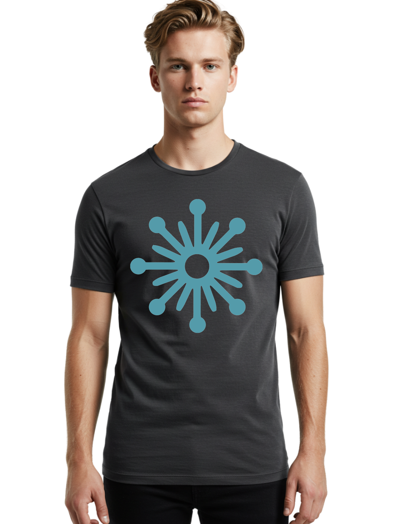 Stylized-Asterisk Men'S Graphic Tee, 100% Cotton, Comfortable Casual Summer Wear, Machine Washable, Stylized Virus Graphic, Abstract Microbiology, Symmetrical Design, Modern Iconography, Simple Shapes, Blue Symbol Aad206