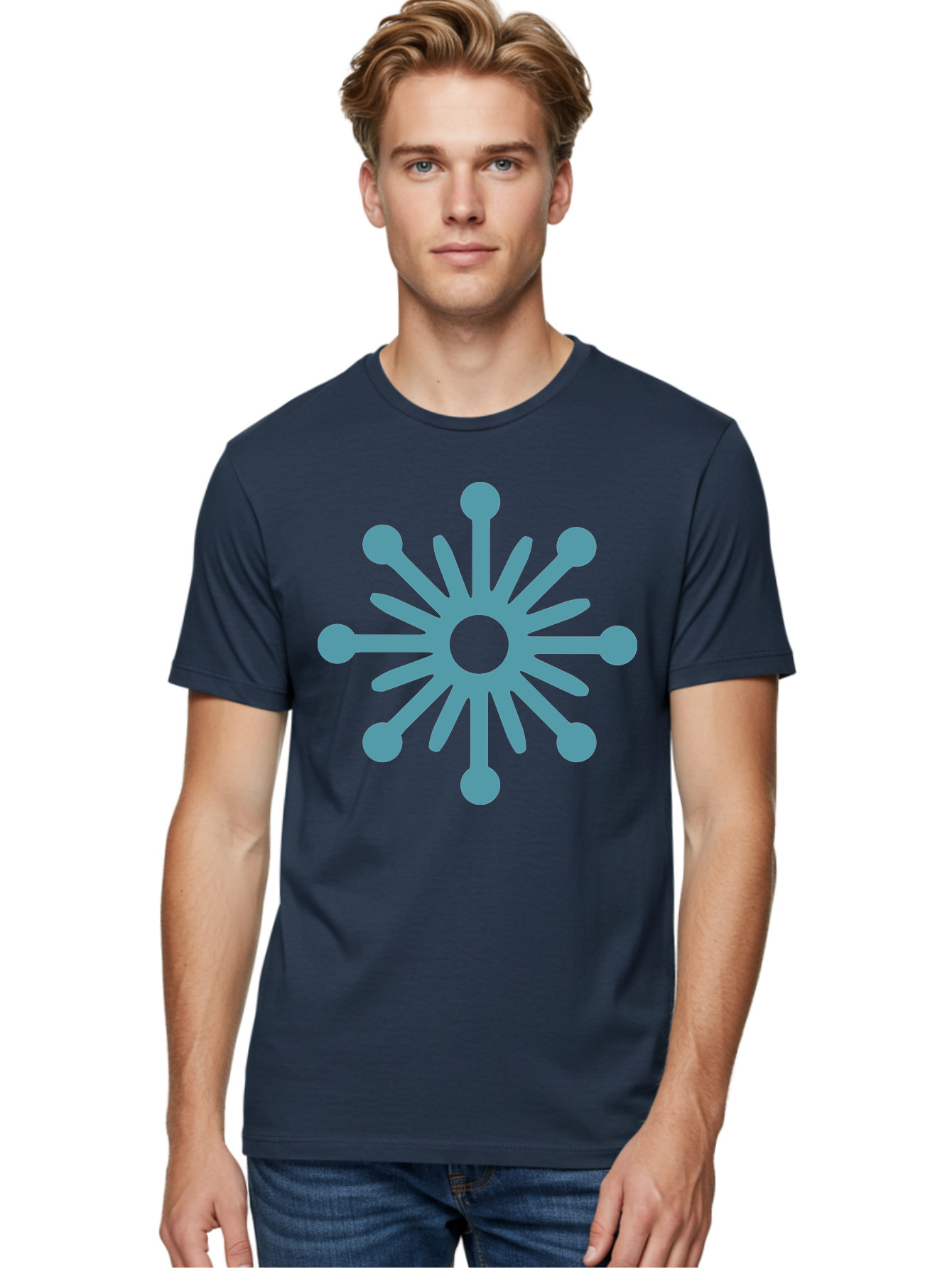 Stylized-Asterisk Men'S Graphic Tee, 100% Cotton, Comfortable Casual Summer Wear, Machine Washable, Stylized Virus Graphic, Abstract Microbiology, Symmetrical Design, Modern Iconography, Simple Shapes, Blue Symbol Aad206