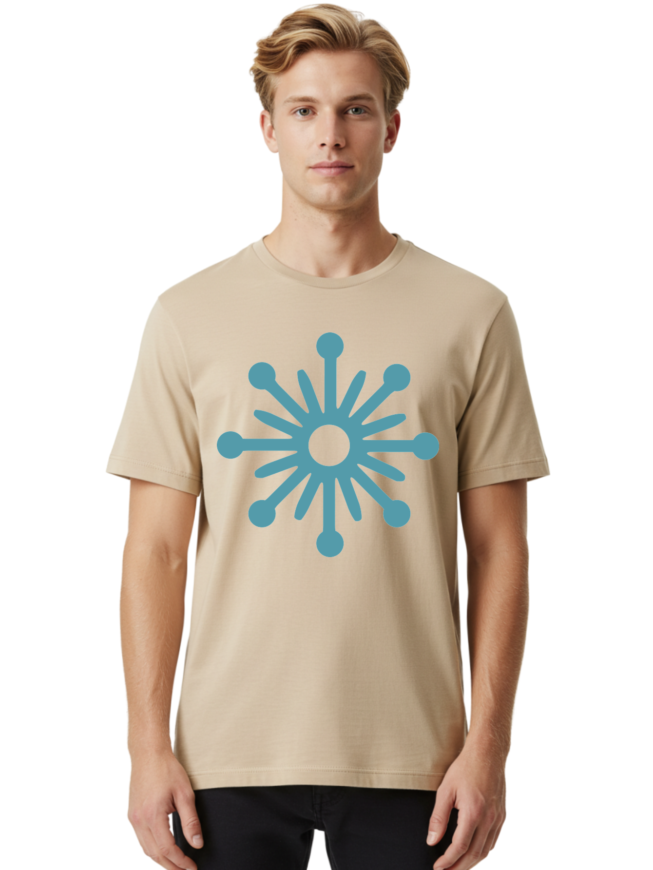 Stylized-Asterisk Men'S Graphic Tee, 100% Cotton, Comfortable Casual Summer Wear, Machine Washable, Stylized Virus Graphic, Abstract Microbiology, Symmetrical Design, Modern Iconography, Simple Shapes, Blue Symbol Aad206